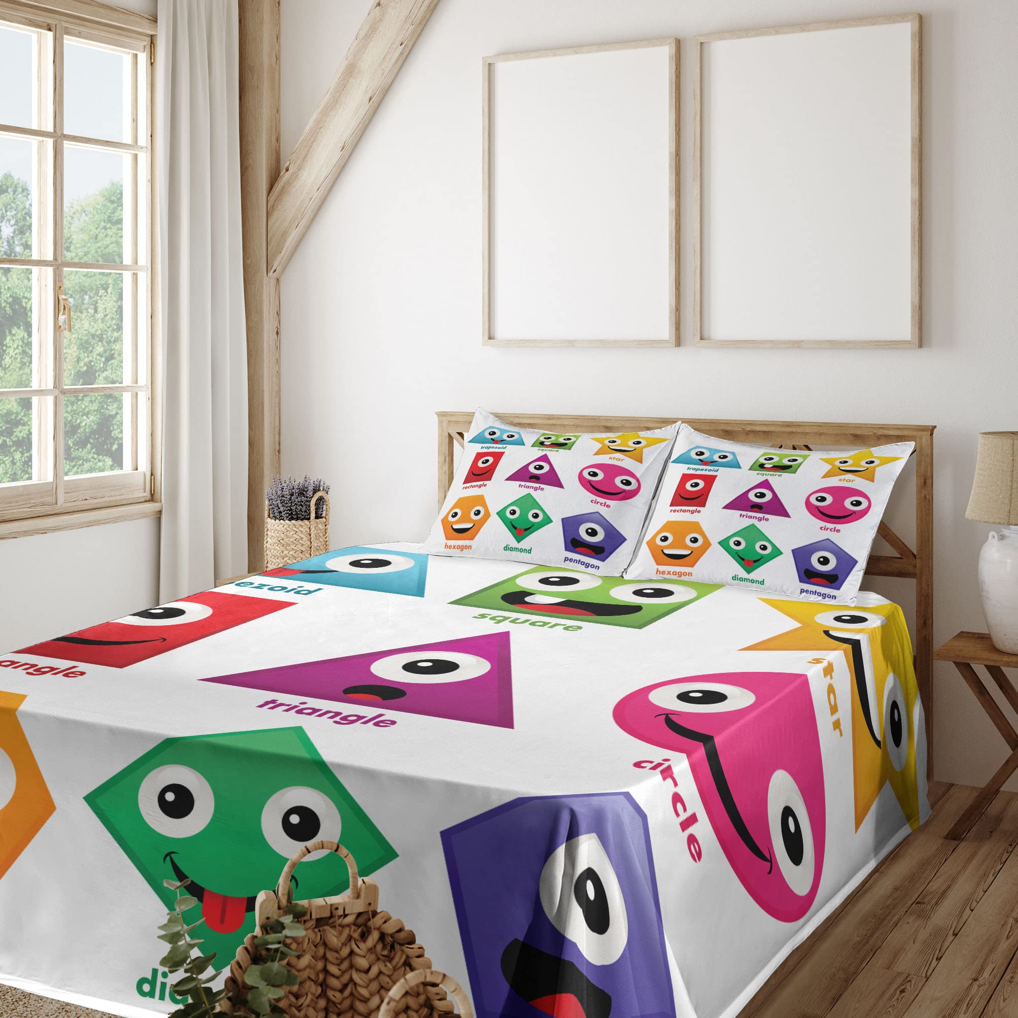 Ambesonne Science-Themed 4-Piece Sheet Set - Geometric Shapes with Funny Faces Cartoon Design, Soft Green & Purple Bedding (King Size) | Perfect for Kids' Rooms, Dorm Decor & Science Enthusiasts