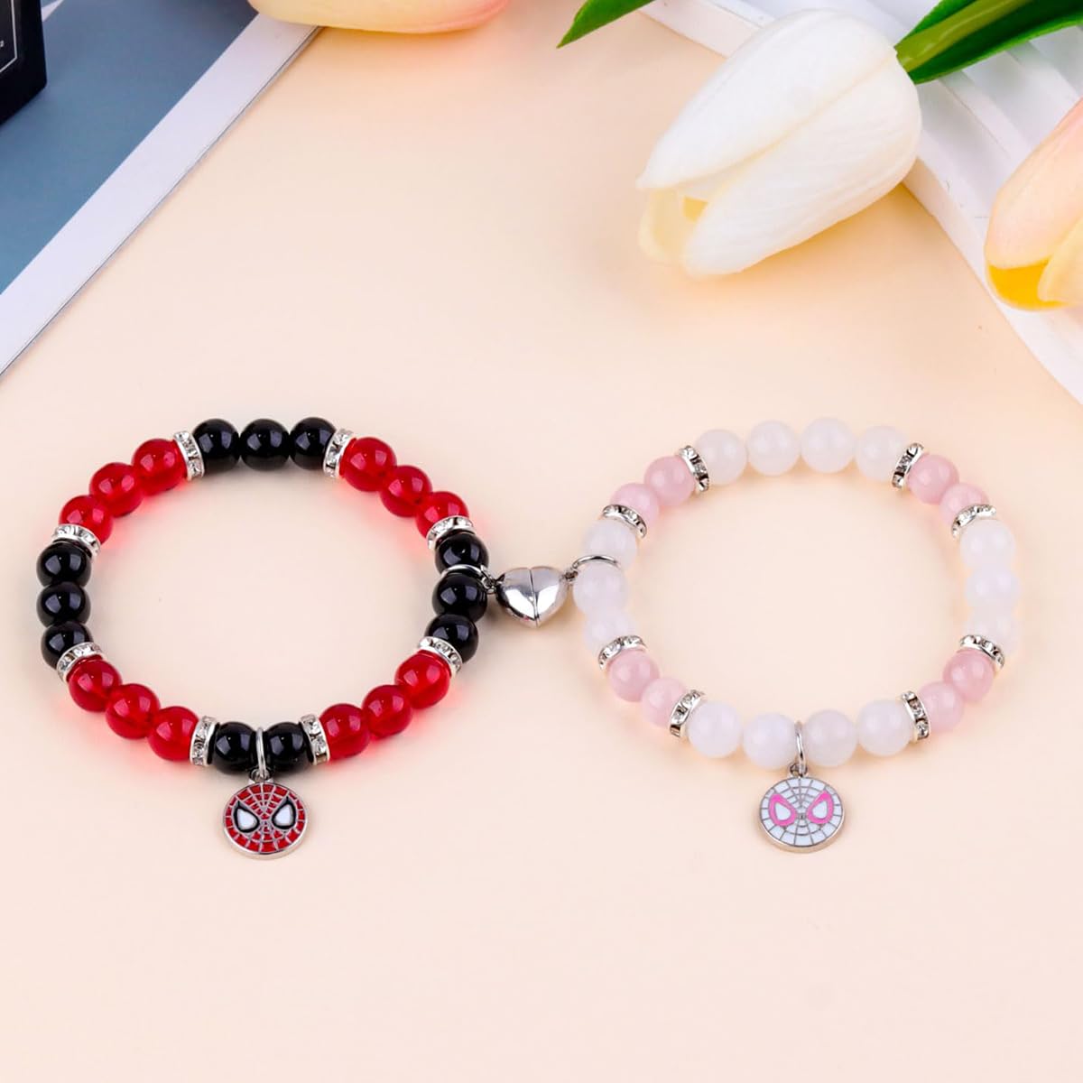 SANNIDHI® Matching Couple Bracelets Set - Spiderman Pendant Opal Beads & Hello Kitty Friendship Bracelet, Magnetic Heart BFF Bracelet for Women, Girls, Sisters - Best Gift for Anniversary, Birthday, Valentine's Day (Perfect for Couples, Best Friends and Family Gifts)