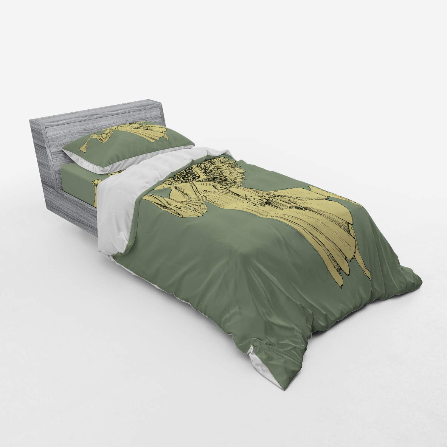 Ambesonne Christmas 3-Piece Bedding Set - Twin Size Duvet Cover with Sham & Fitted Sheet, Flying Angel with Trumpet Mythological Artwork in Yellow Mint | Holiday Home Decor for Bedroom, Guest Room & Christmas Gifts
