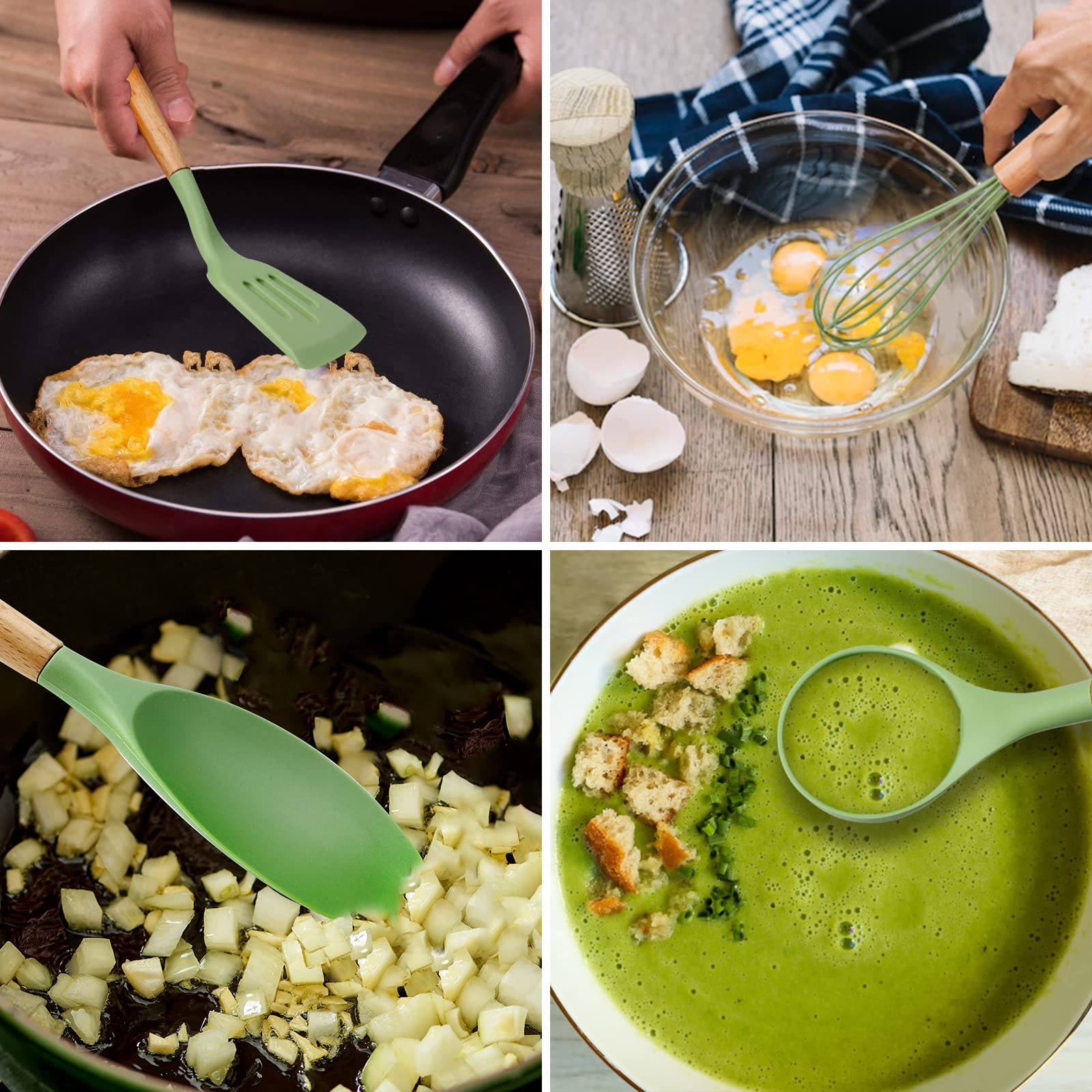 MYKUJA 13-Piece Green Silicone Cooking Utensil Set - Heat Resistant, Non-Stick Kitchen Tools with Holder - Perfect for Baking, Frying & Cooking - Avocado Green Kitchen Decor & Gadgets