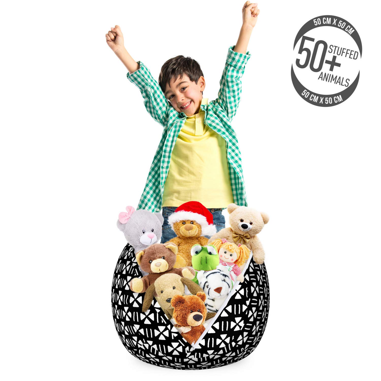 Ambesonne Mudcloth Storage Toy Bag Chair - Geometric Boho Native Mystic Triangles Design - Stuffed Animal Organizer Washable Bag - Small Size White & Black - Perfect for Kids' Room, Nursery & Playroom Organization