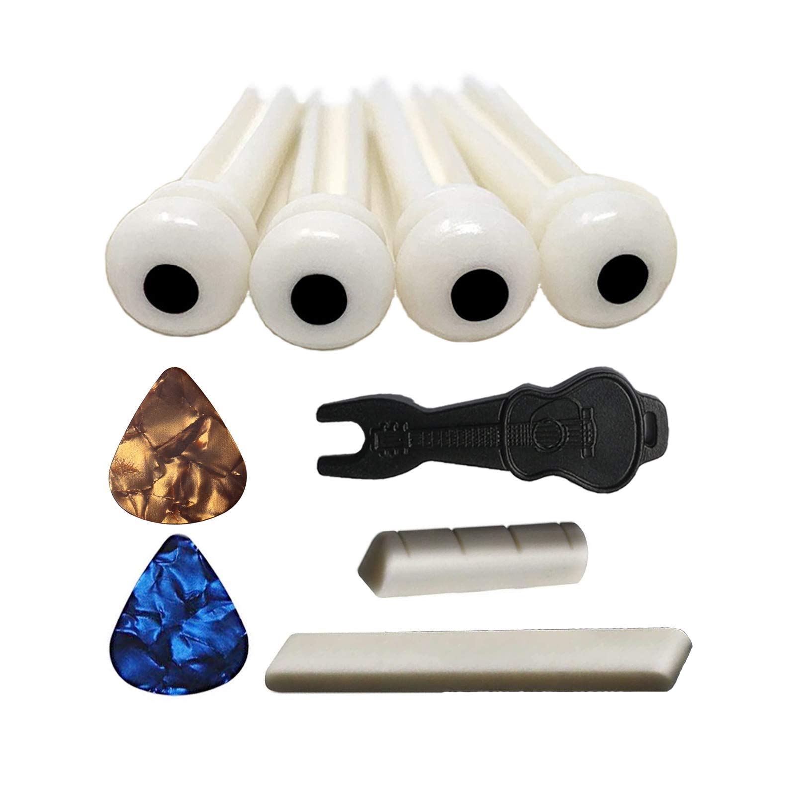 JINYUN Ukulele String Saddle & Nut Set with 4 Bridge Pins, Pin Puller & 2 Picks - Replacement Parts for 4-String Ukulele/Guitar - Perfect for Kids & Beginners Music Practice