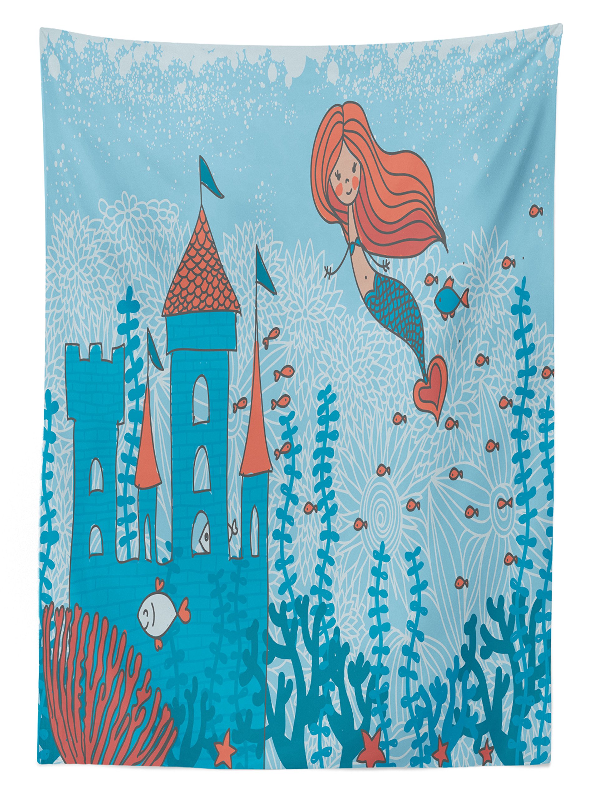 Ambesonne Waterproof Mermaid Tablecloth - Little Mermaid Under The Sea Coral Castle Fish Print - Washable Outdoor Picnic Table Cover 58x104 Inches Teal Orange - Perfect for Beach Parties, Poolside Dining & Summer BBQs
