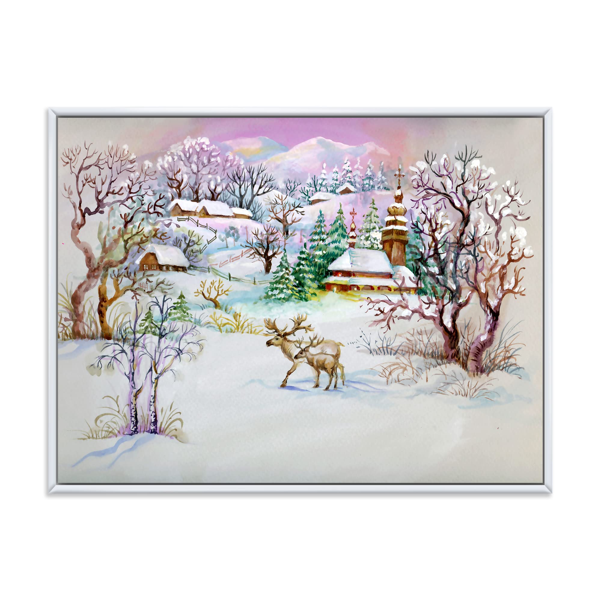 Winter Village Life - Traditional Framed Canvas Wall Art Print for Home Decor, Living Room, Bedroom & Office