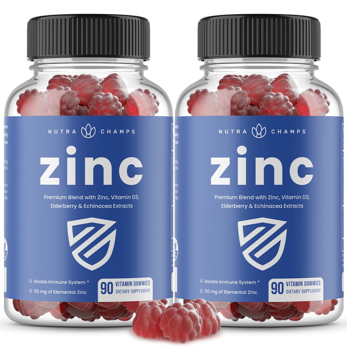 NutraChamps 4-in-1 Zinc Gummies with Vitamin D3, Elderberry & Echinacea - 50mg Zinc Supplement for Immune, Heart & Brain Support - 180 Count (Pack of 2) - Chewable Vitamin Gummies for Adults & Kids - Perfect for Daily Wellness & Immune Boosting