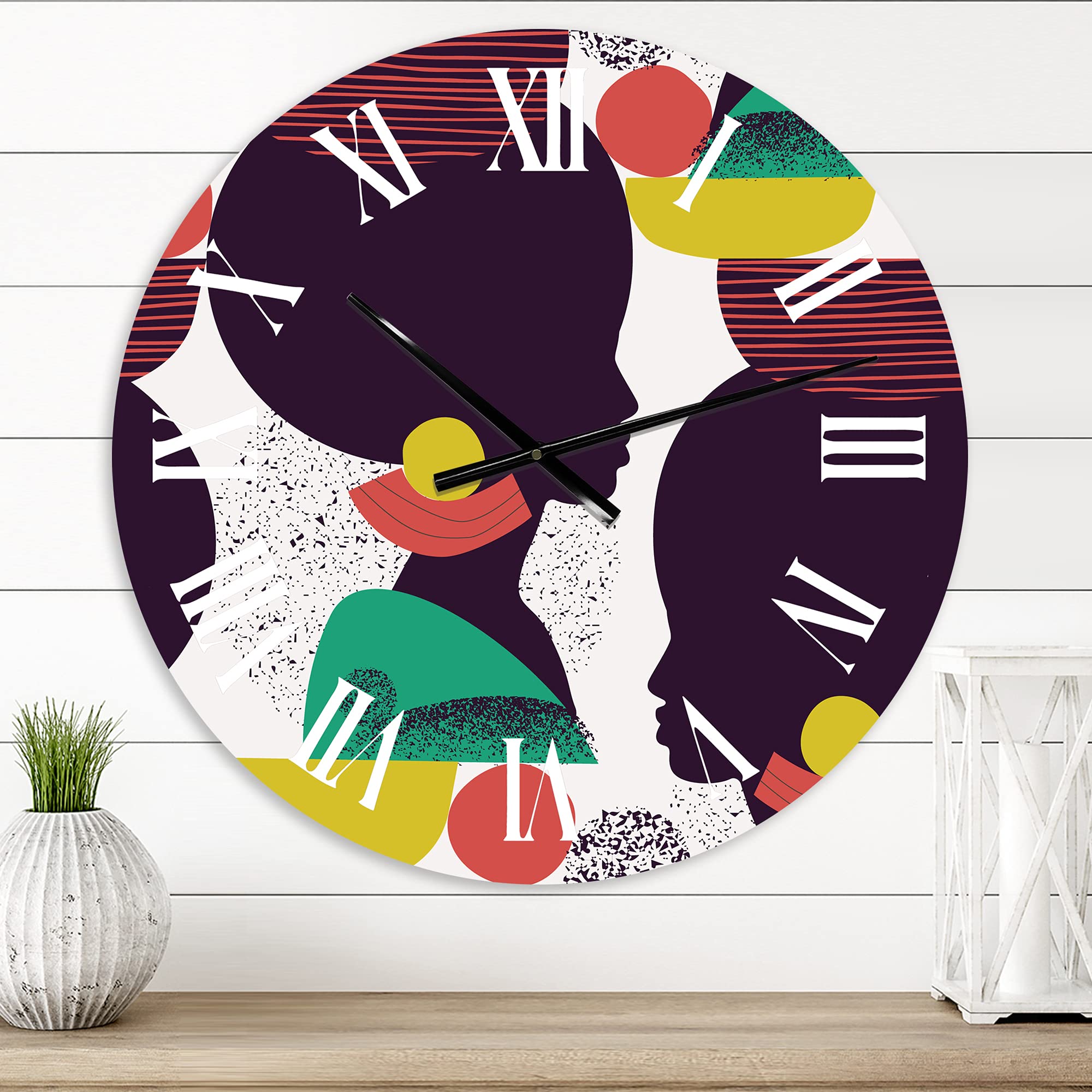 DesignQ Modern Wall Clock - Ethnic Geometric Silhouette of African American III - Large Decorative Wall Clock for Living Room, Bedroom & Office - Unique Home Decor & Gift Idea