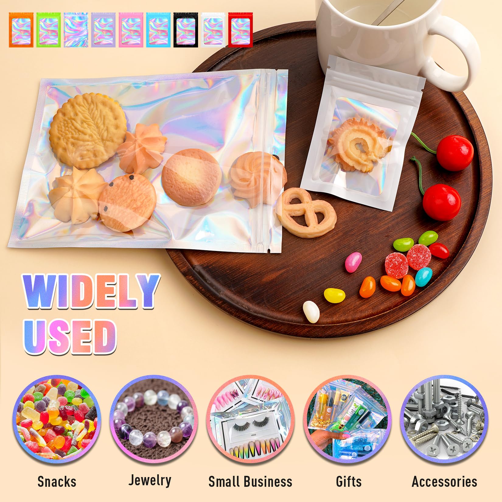 100 PCS Mylar Bags with Clear Window - 3x5 Inch Smell Proof Resealable Packaging Bags for Candy, Samples & Small Business | Ideal for Food Storage, Organizing Snacks & Retail Packaging