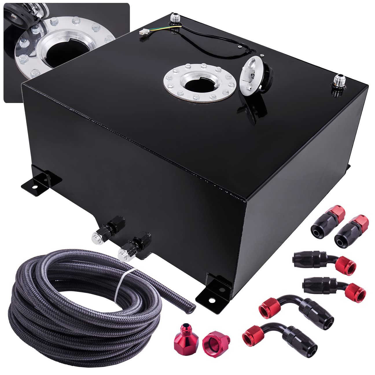 50L/13Gal Black Aluminum Fuel Cell Tank with Chrome Cap & Braided Nylon Oil Line - Universal Upgrade Replacement for Cars, Trucks & Off-Road Vehicles - High Performance Fuel Storage Solution for Racing, Tuning & Automotive Applications