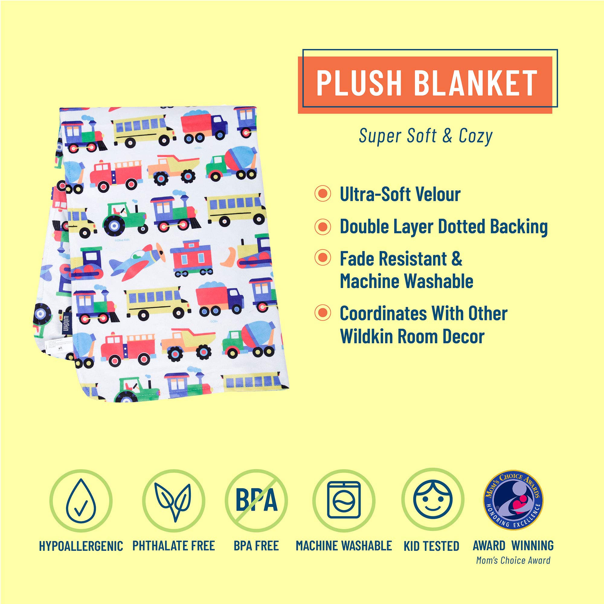 Wildkin Soft Plush Blanket Set - 5 Piece Twin Bed in a Bag with 100% Cotton Cover (Trains, Planes & Trucks Design) - Perfect for Kids' Bedroom, Nursery, Travel & Sleepovers