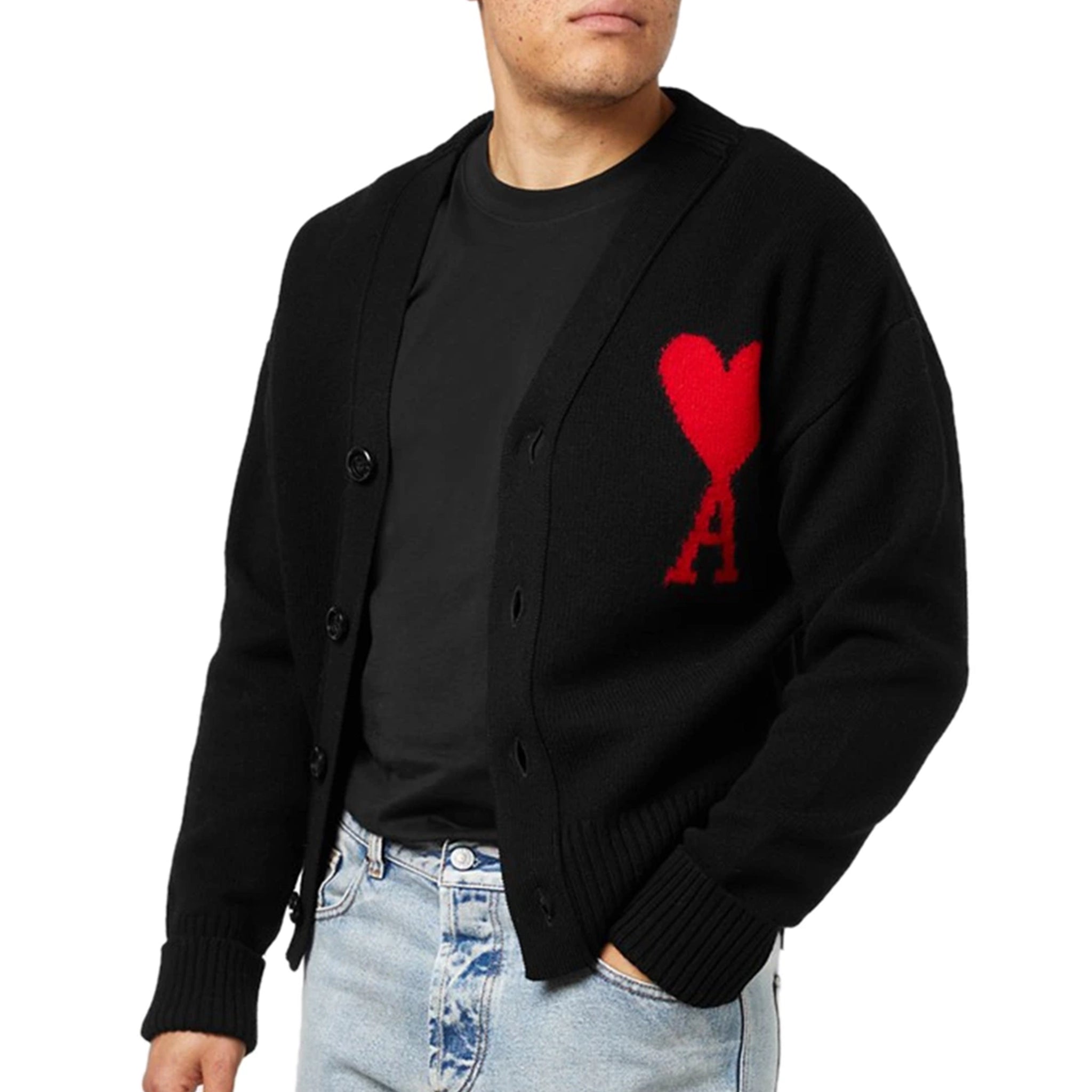 Ami Paris Ami De Coeur Black & Red Knit Cardigan Sweater for Women | Casual Chic Layering Piece for Fall & Winter Outfits