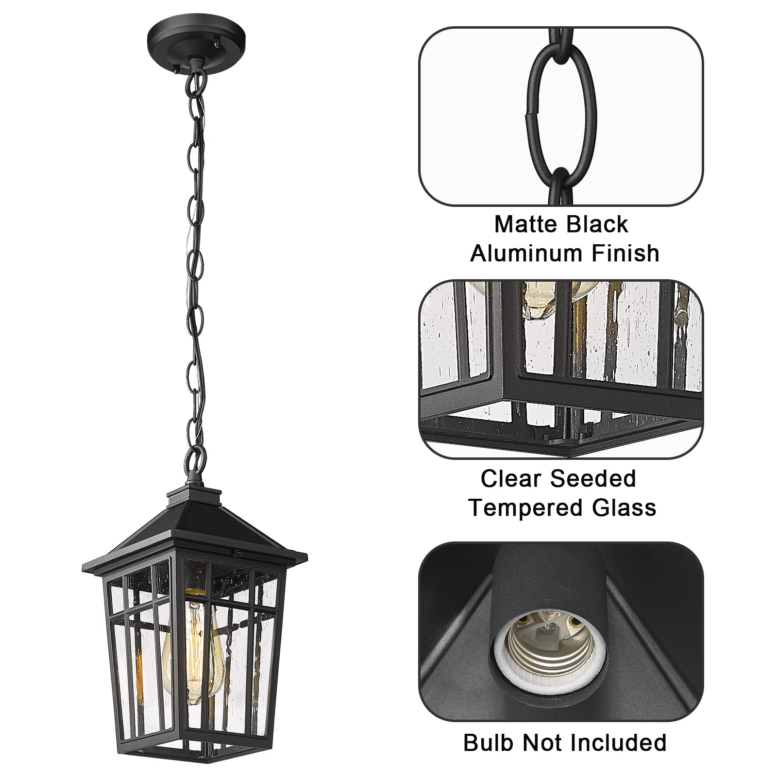 Darkaway Outdoor Pendant Light Fixture - Waterproof Rust-Resistant Aluminum Hanging Light with Seeded Glass for Porch, Entryway, Doorway - Farmhouse Black Style - Perfect for Patio, Deck, Garden & Outdoor Dining Areas