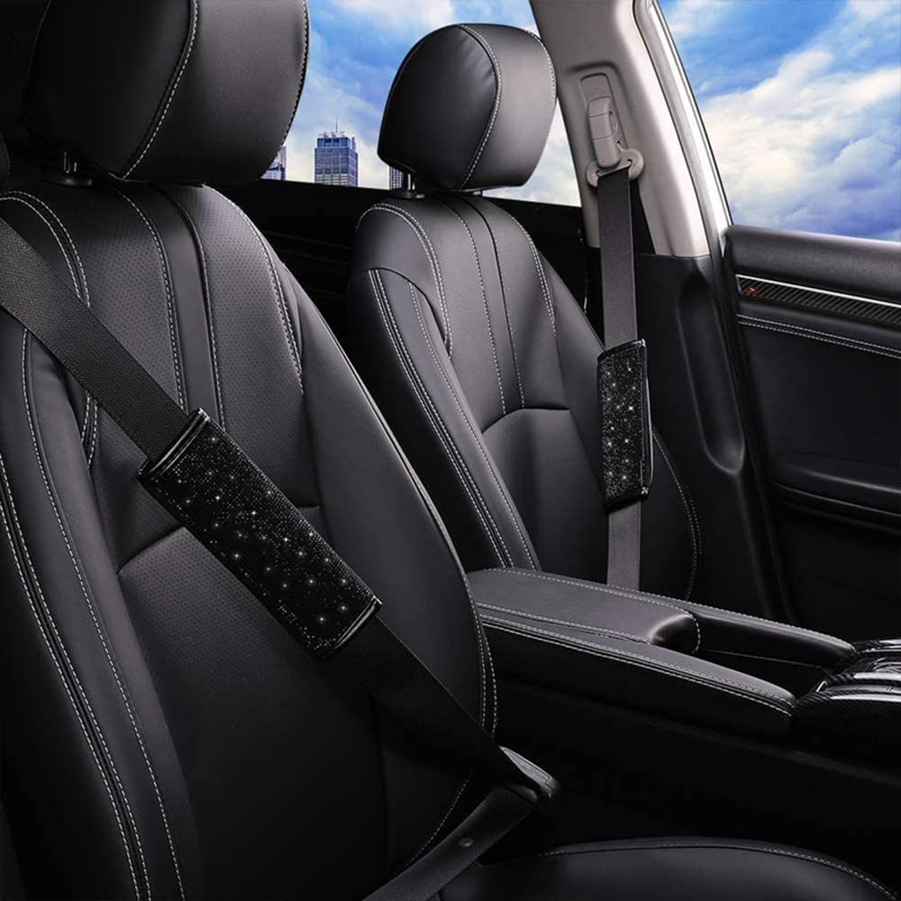 2PCS Crystal Diamond Car Seat Belt Covers - Soft Shoulder Pads for Women & Girls (Black) | Comfortable Driving Accessories for Daily Commute & Road Trips