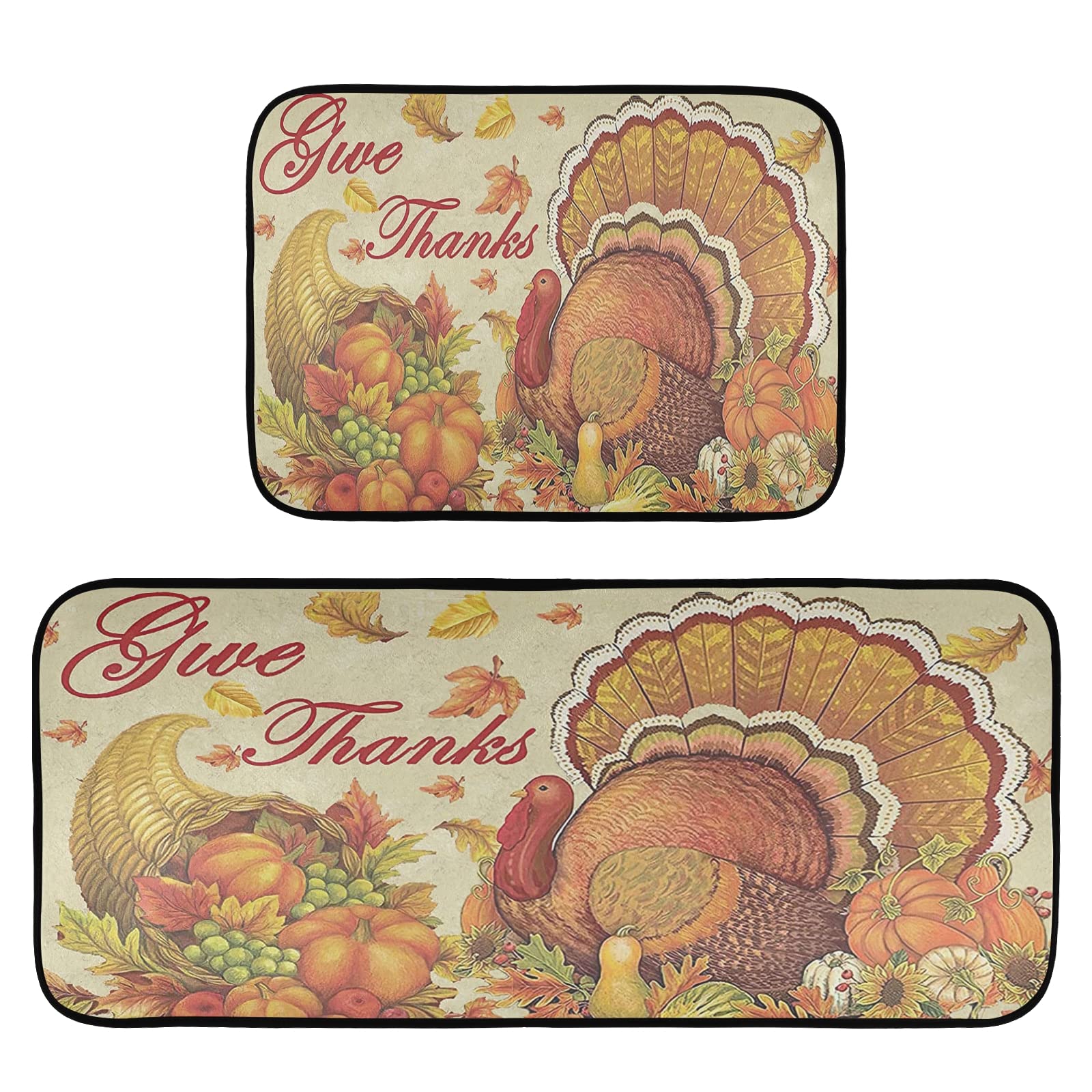 Turkey Thanksgiving Pumpkin Cushioned Anti-Fatigue Kitchen Mats - Waterproof Non-Slip Rubber Back Floor Mats for Indoor Home, Set of 2 - Perfect for Holiday Decor and Comfortable Cooking