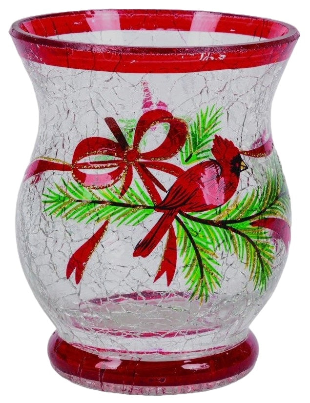 3.5 Inch Hand Painted Cardinal Crackle Glass Candle Holder - Holiday Decor, Christmas Table Centerpiece, Winter Home Decoration