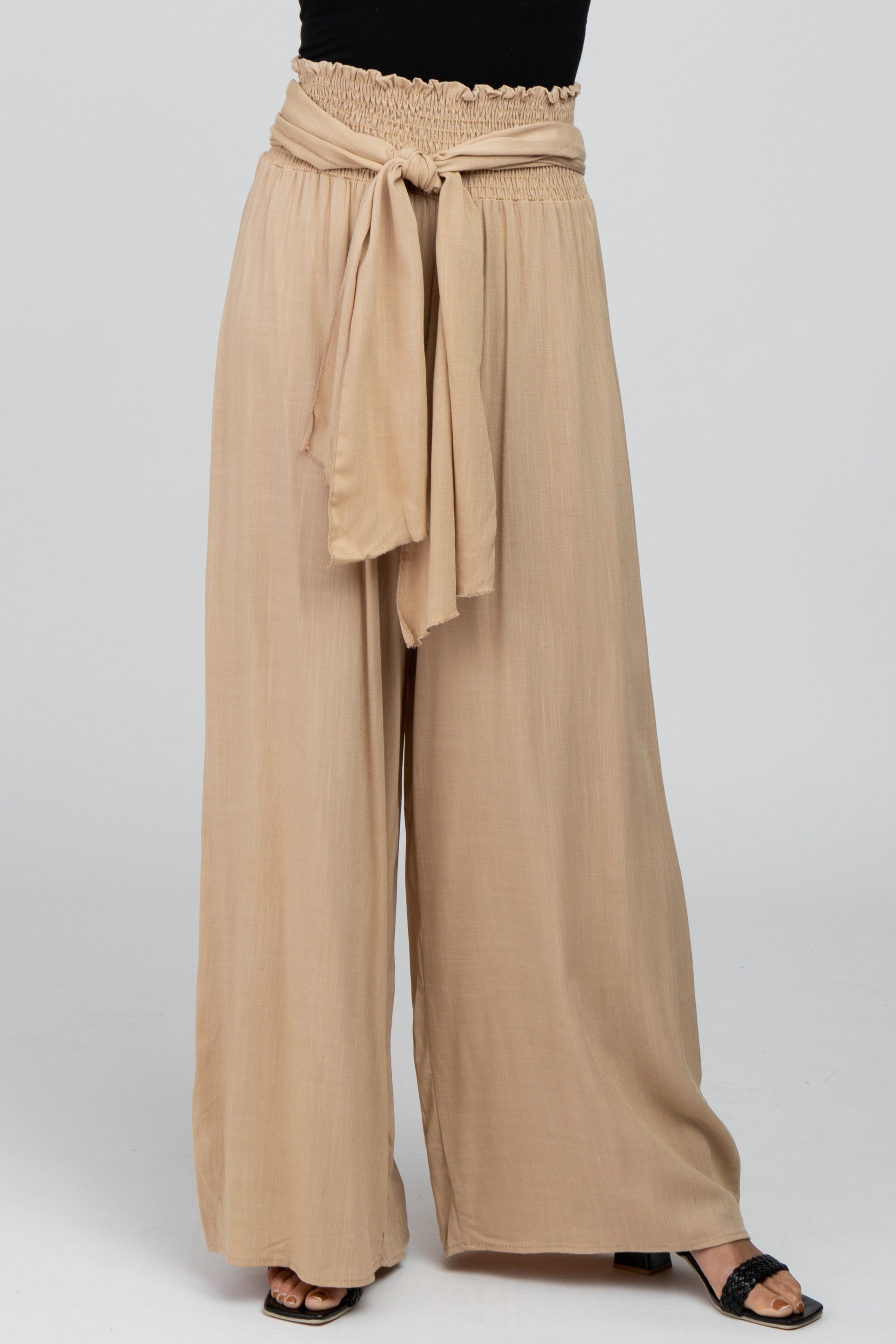 Beige High Waist Tie Front Wide Leg Pants for Women - Comfortable Stretchy Office Work Pants & Casual Lounge Pants for Everyday Wear