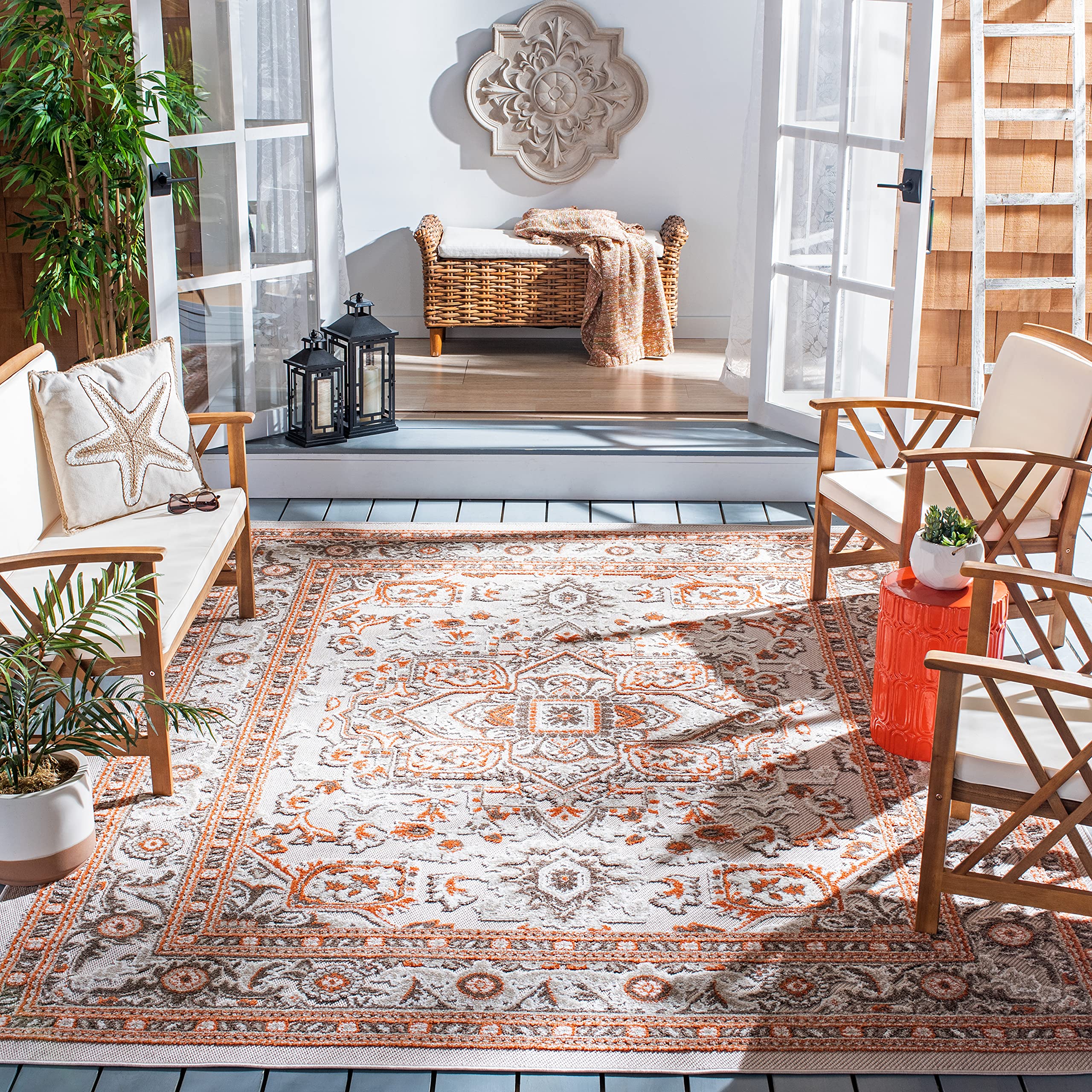 SAFAVIEH Cabana Collection 9' x 12' Beige & Orange Area Rug - Non-Shedding, Easy Care, Stain Resistant for High Traffic Areas - Perfect for Living Room, Bedroom, Dining Room & Home Office Decor (CBN680B)