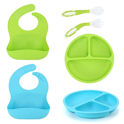 Baby Led Weaning Set - 6pc Silicone Plates, Utensils & Bibs for 6-36 Months - Perfect for Mess-Free Mealtime