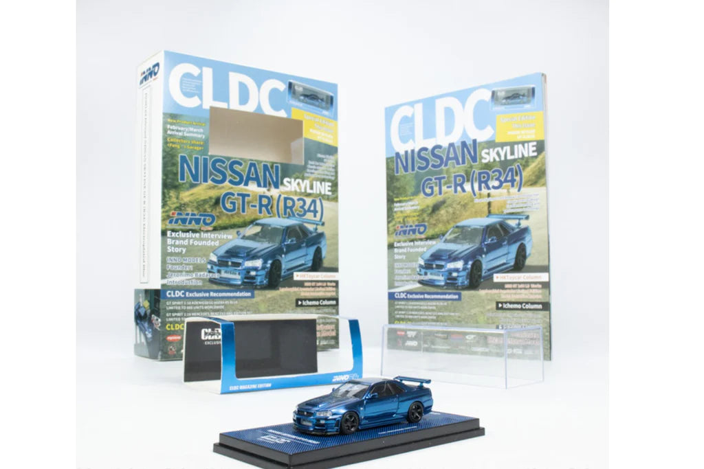 INNO64 x CLDC Exclusive 1:64 Scale Nissan Skyline GT-R R34 Z-Tune Diecast Model Car - Blue Metallic Carbon Finish with Collector's English Book - Perfect for Display, Gifts & Car Enthusiast Collections