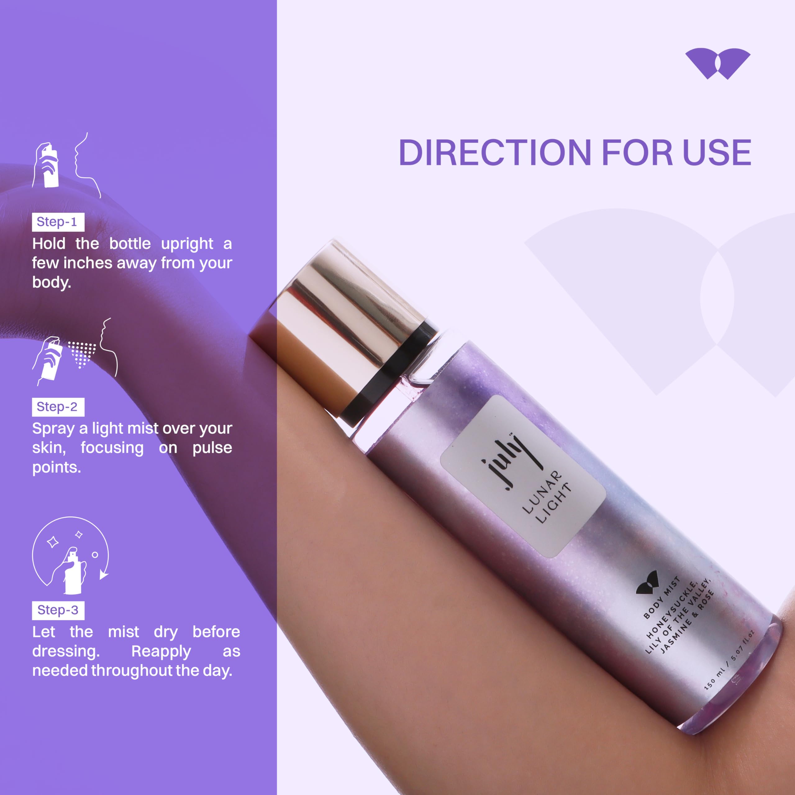 July Lunar Light Body Mist Spray - Sweet & Floral Fragrance with Honeysuckle, Lily of the Valley, Jasmine & Rose | 150ml Long-Lasting Perfume Mist | Natural Ingredients & IFRA Certified | Perfect for Daily Wear, Date Nights & Special Occasions