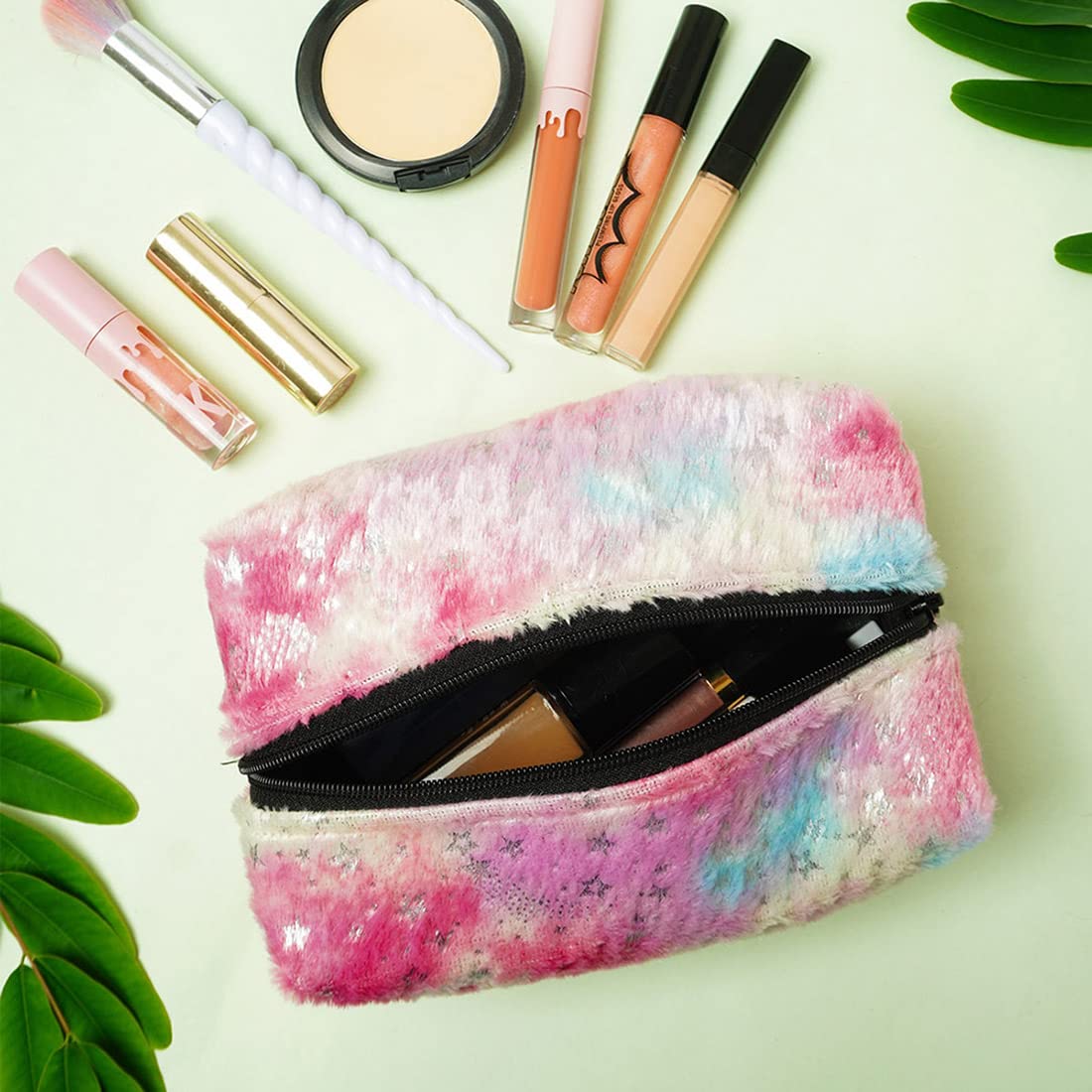 Premium Canvas & Fur Makeup Bag - Waterproof Travel Cosmetic Pouch for Women, Multi-Functional Toiletry Organizer (Perfect for Gym, Vacation & Daily Use)