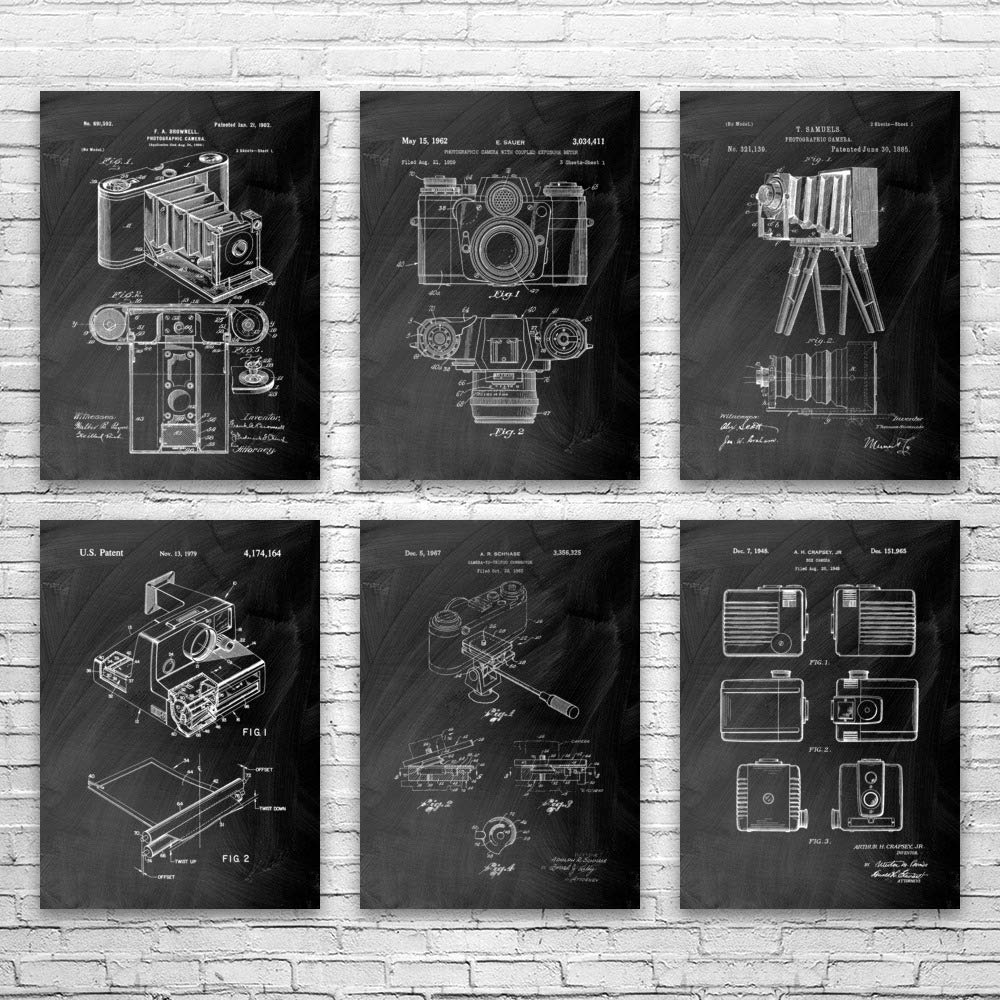 Vintage Camera Patent Posters Set of 6 - 8x10 Inch Black Chalkboard Art Prints for Photographer Gifts, Camera Wall Decor & Photojournalist Office Display - Perfect for Studio, Home or Photography Classroom Decor