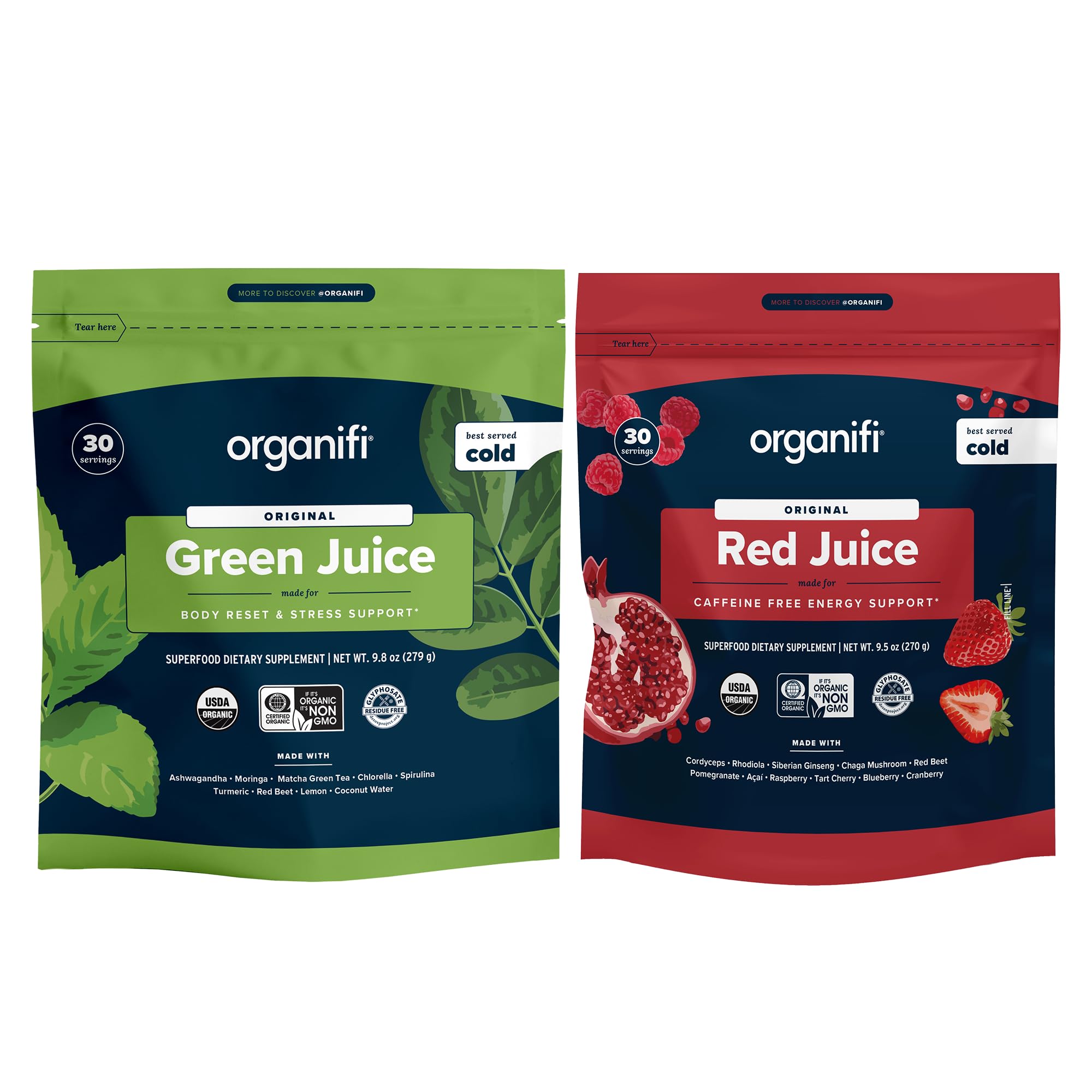 Organifi Green Juice & Red Juice Bundle - 30 Day Supply | Organic Superfood Powder with Antioxidants for Energy Boost & Stress Relief | Non-GMO, Gluten-Free, Soy-Free | Perfect for Morning Routines & Post-Workout Recovery