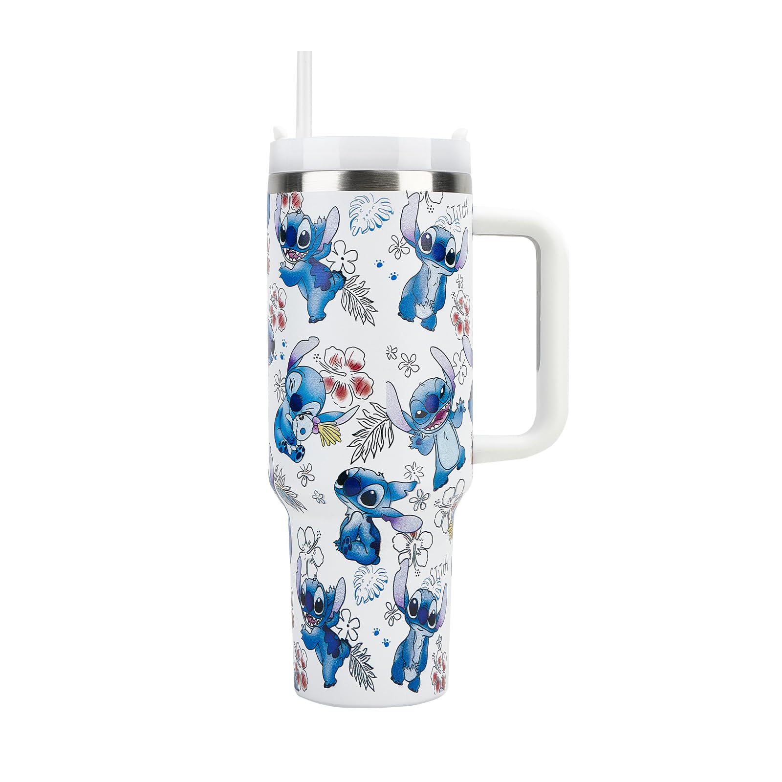 Stitch Stainless Steel Tumbler with Handle & Straw - 40oz Insulated Cup Holder Friendly Travel Mug - Perfect for Disney Lovers, Office, Gym & Outdoor Activities