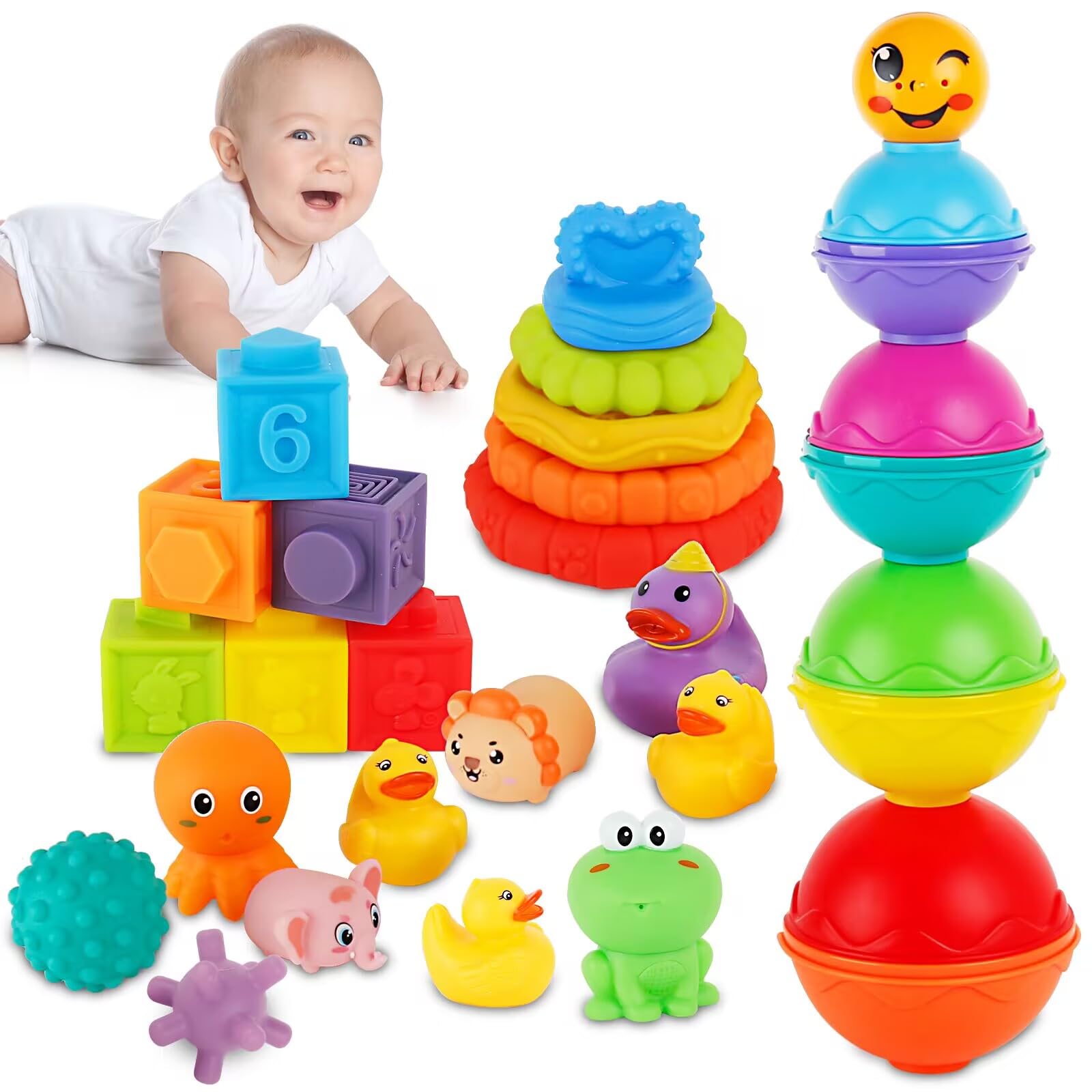 **Ganowo Montessori Toys for 1 Year Old – 5-in-1 Baby Learning Toys for 12-18 Months, Stacking Building Blocks & Teething Sensory Toys – Educational Preschool Toys for Toddlers – Perfect for Playtime, Early Development & Teething Relief**