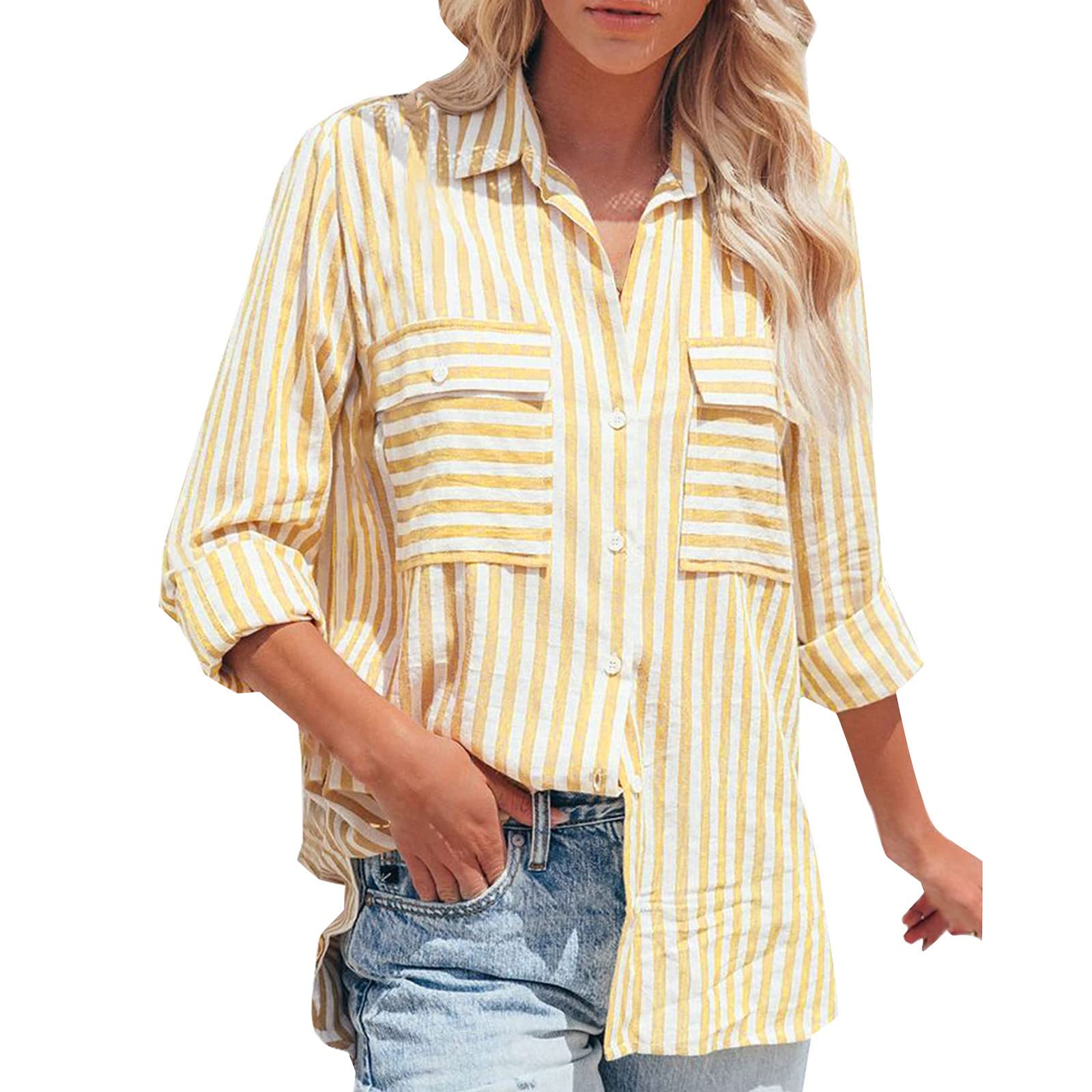 Women's Ruffled Striped Button Down Shirt - Stylish V-Neck Long Sleeve Casual Blouse for Work, Office & Everyday Wear | Fashionable Women's Top