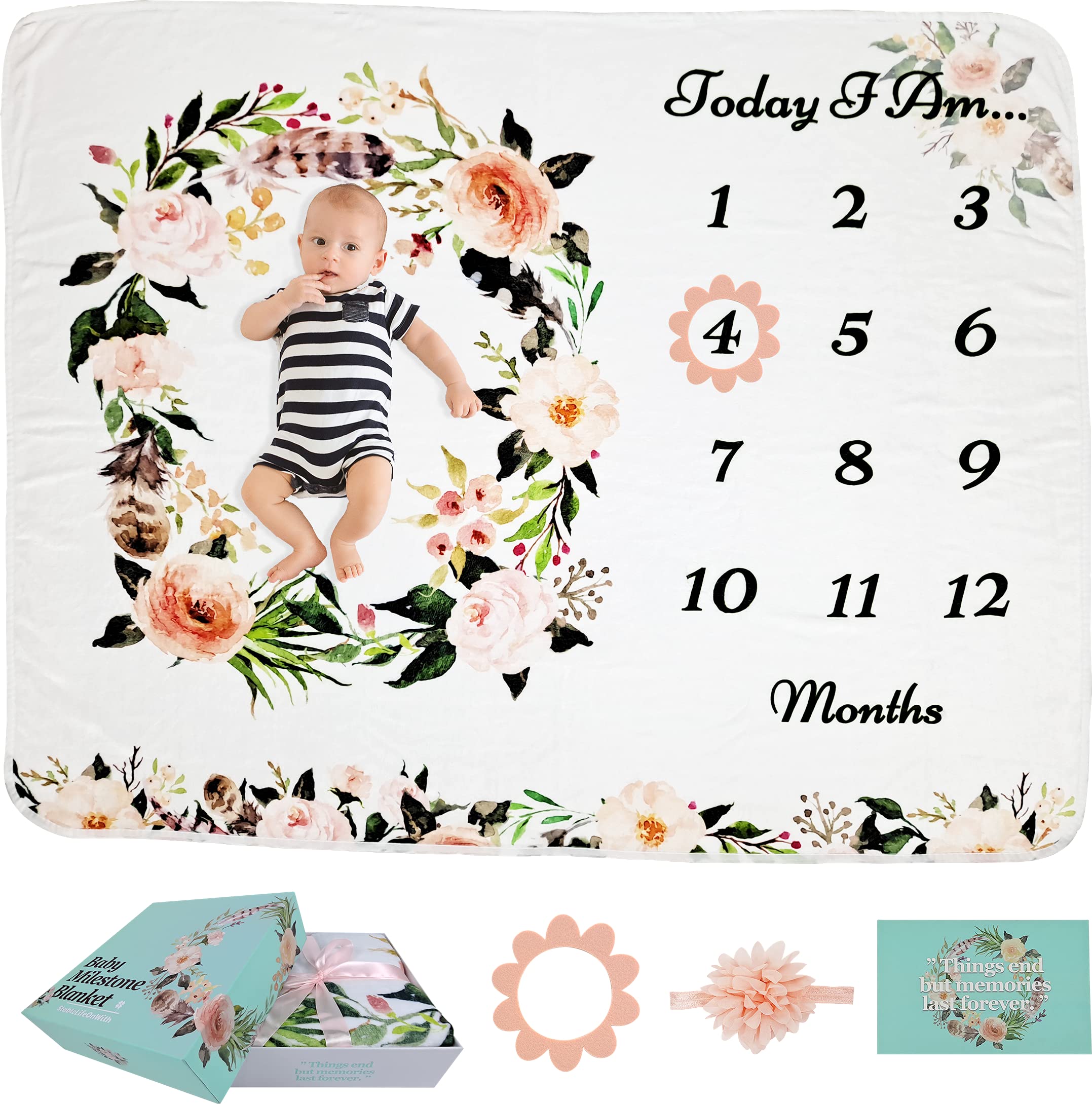 Baby Milestone Blanket - Floral Nursery Swaddle for Newborn Photos & Decor