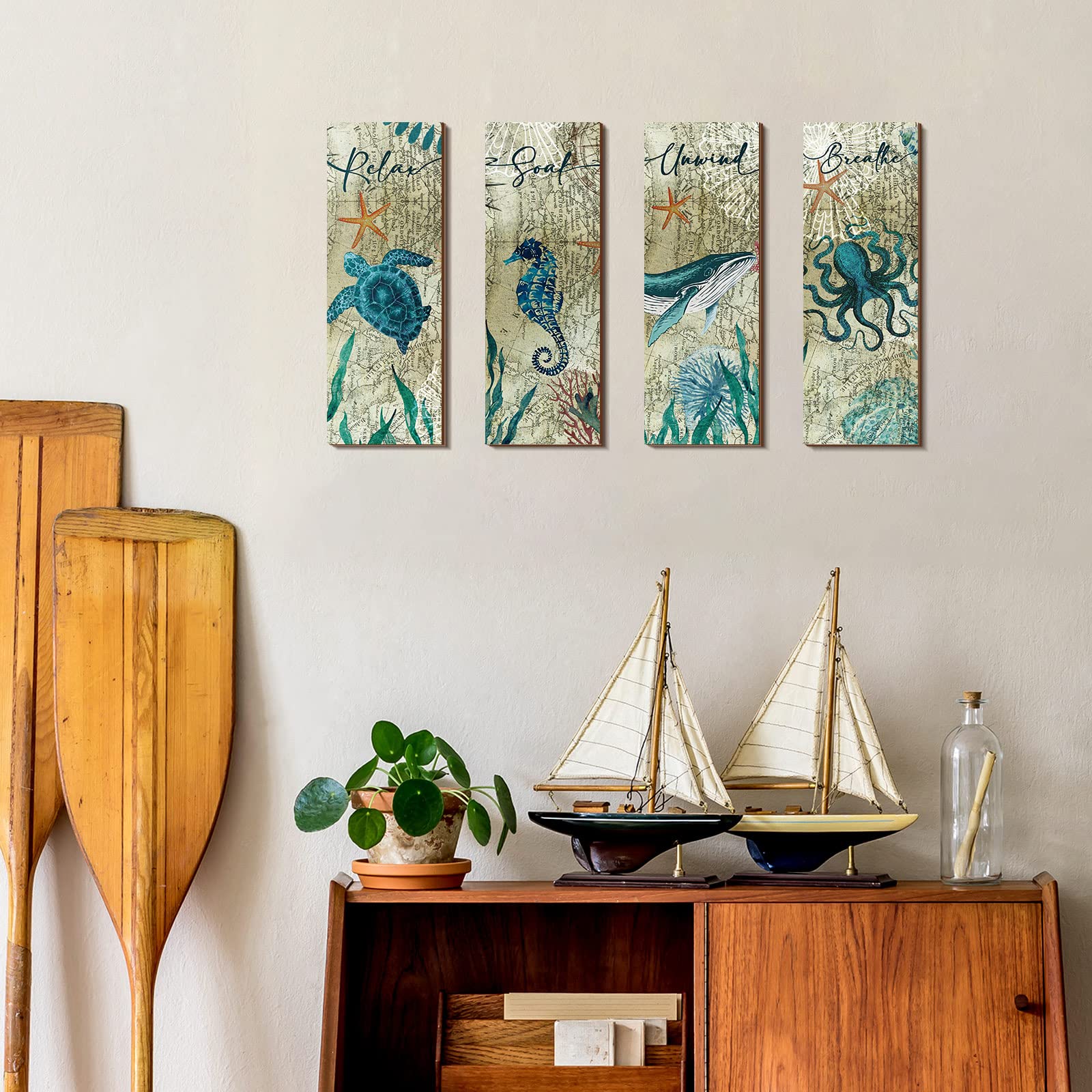 4-Piece Coastal Wall Art Set - Sea Turtle & Octopus Wooden Signs for Beach Bathroom Decor, Nautical Bedroom Pictures, Teal Kitchen Accessories | Perfect for Coastal, Ocean & Nautical Home Decor Themes