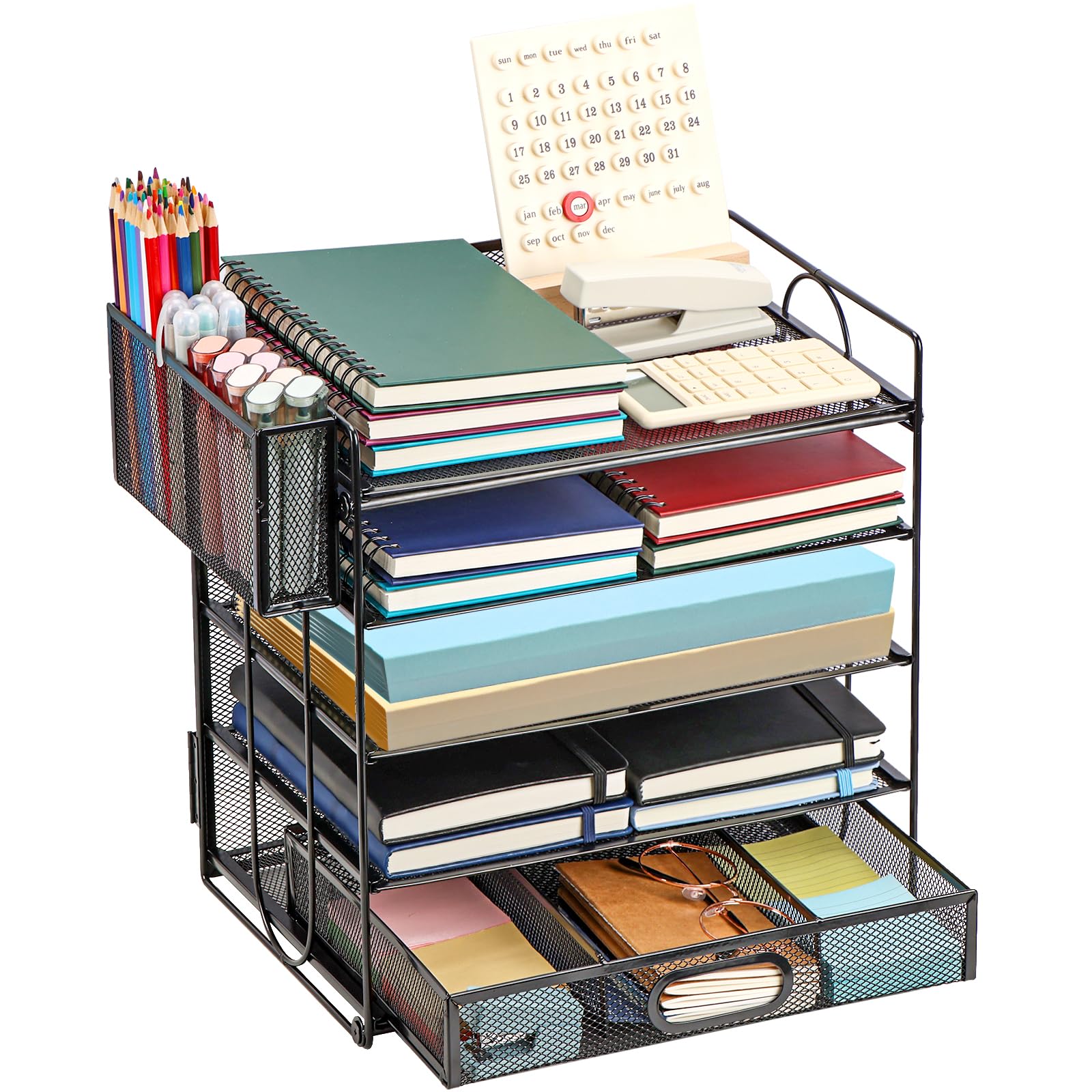 5 Tier Mesh Desk Organizer with Drawers & Pen Holder - Letter File Trays for Home, School, Office & Teacher Supplies | Perfect for Paper Storage, Document Filing & Workspace Organization