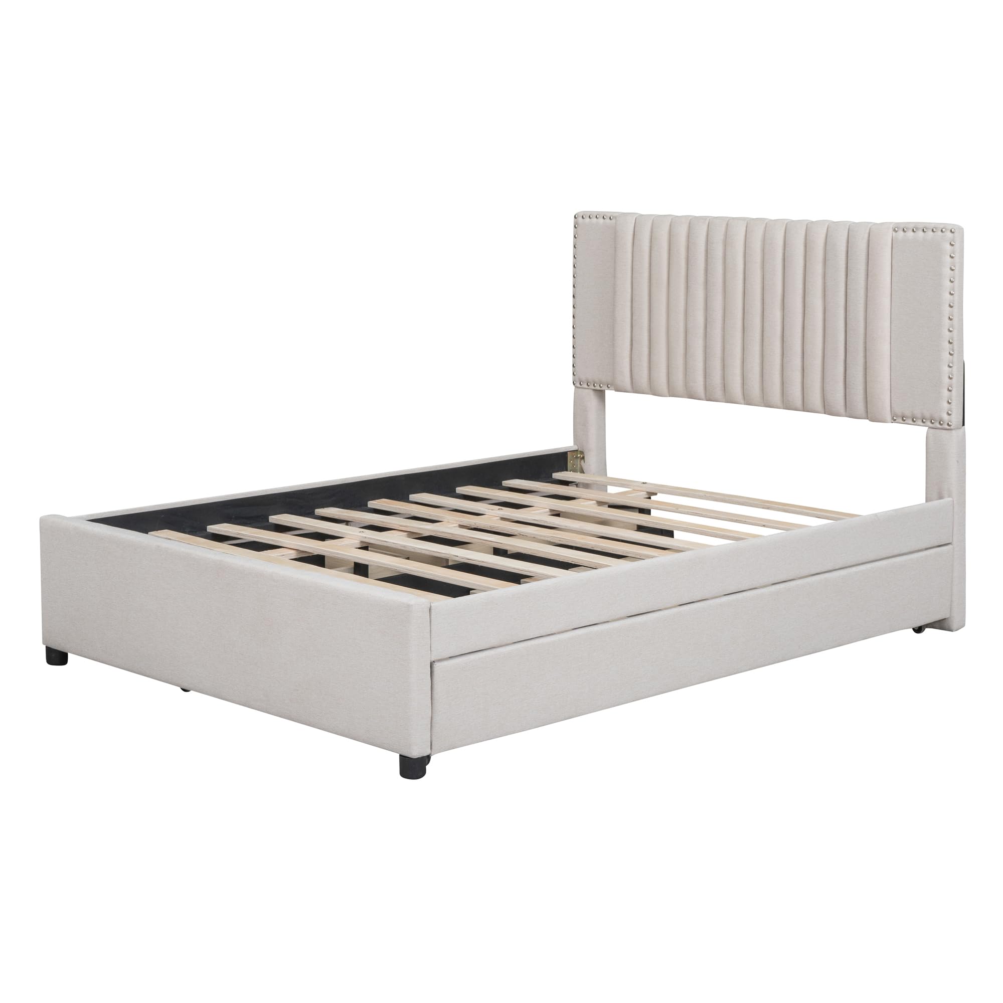 SOFTSEA Full Size Upholstered Platform Bed with Twin Trundle & Storage Drawers - Linen Fabric Bed Frame with Tufted Headboard & Nailhead Trim in Beige - Perfect for Guest Rooms, Small Spaces & Modern Bedroom Decor