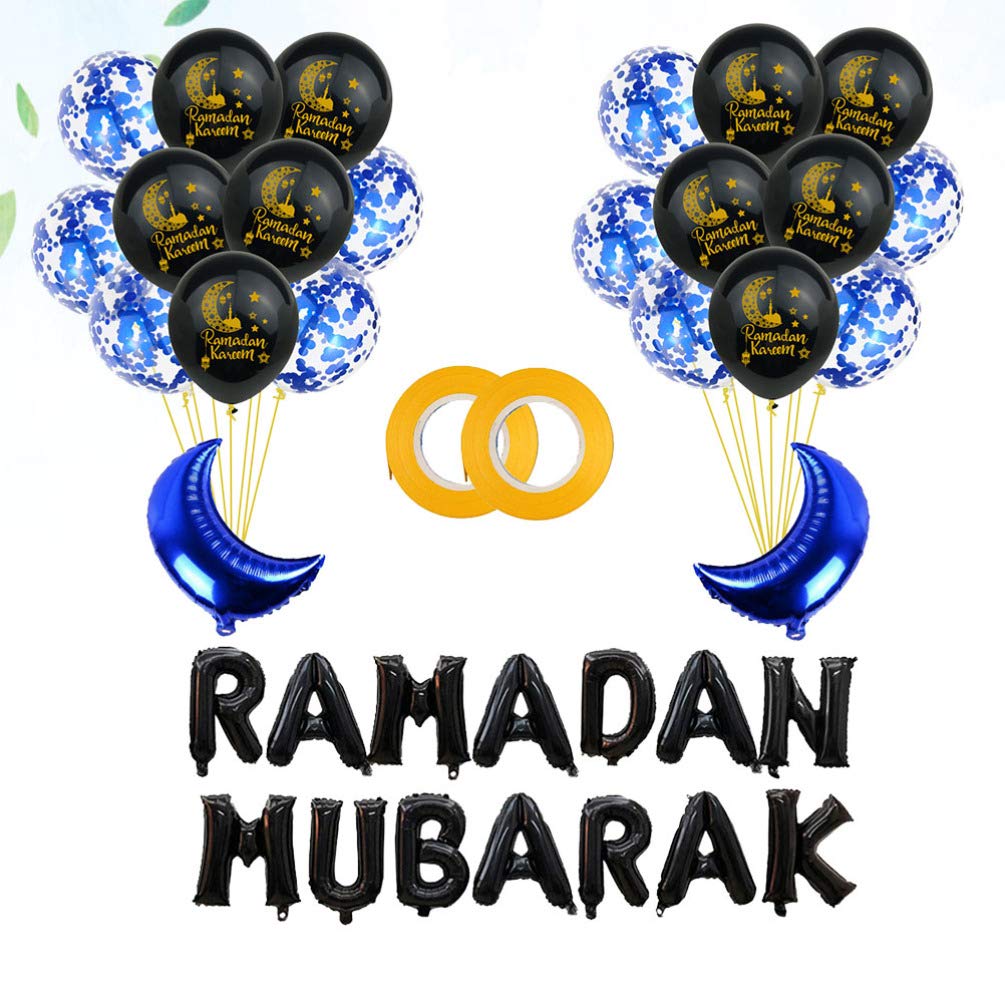 SOIMISS 38pcs Eid Mubarak Foil Balloons - Ramadan Moon & Star Latex Balloon Set with Ribbon - Islamic Festival Party Decorations for Eid Al Fitr, Eid Al Adha, Home & Mosque Celebrations