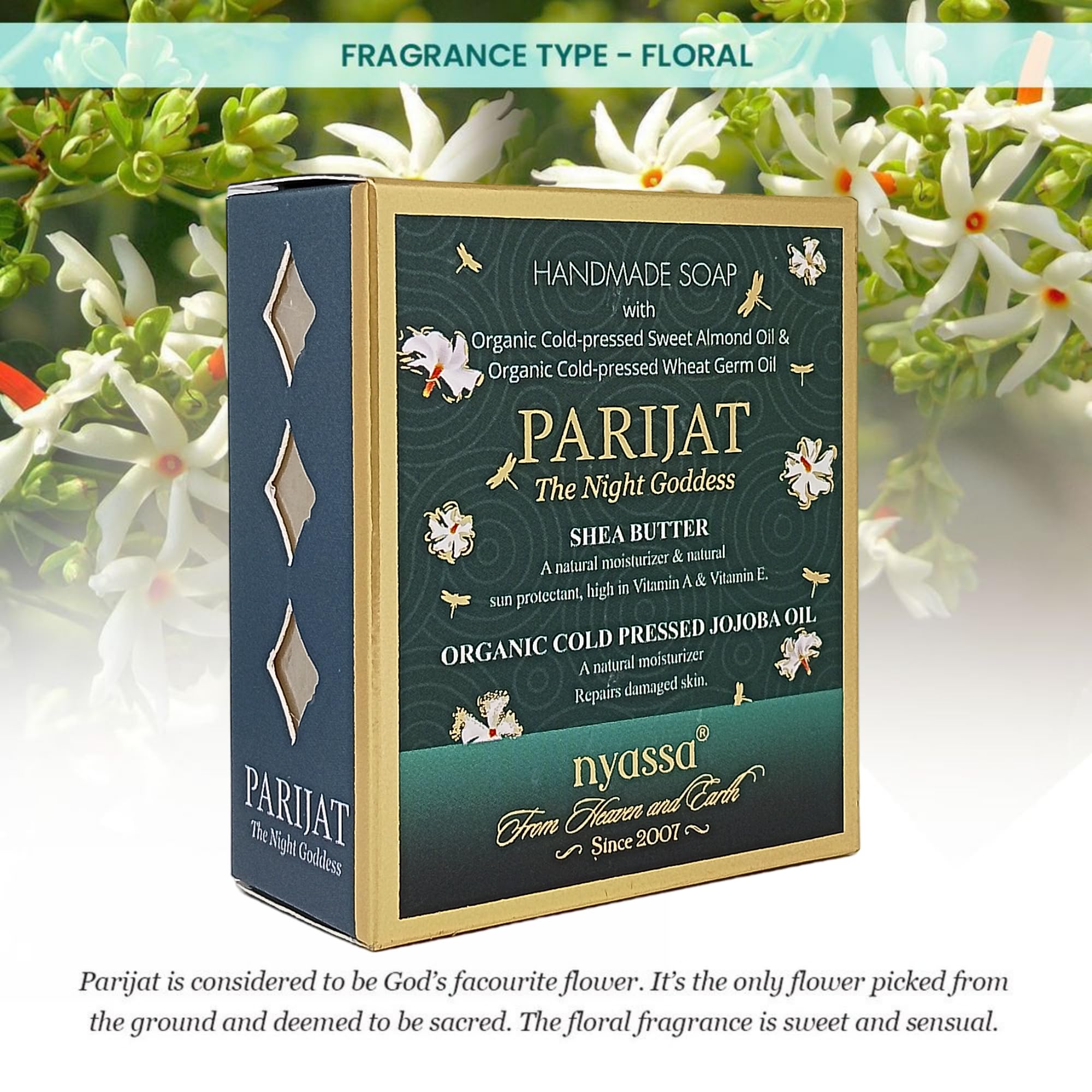 Nyassa Luxurious Parijat Handmade Natural Bathing Soap with Shea Butter & Jojoba Oil | Jasmine & Parijat Fragrance for All Skin Types | 150g | Perfect for Spa Day, Gift Sets & Relaxing Bath Time