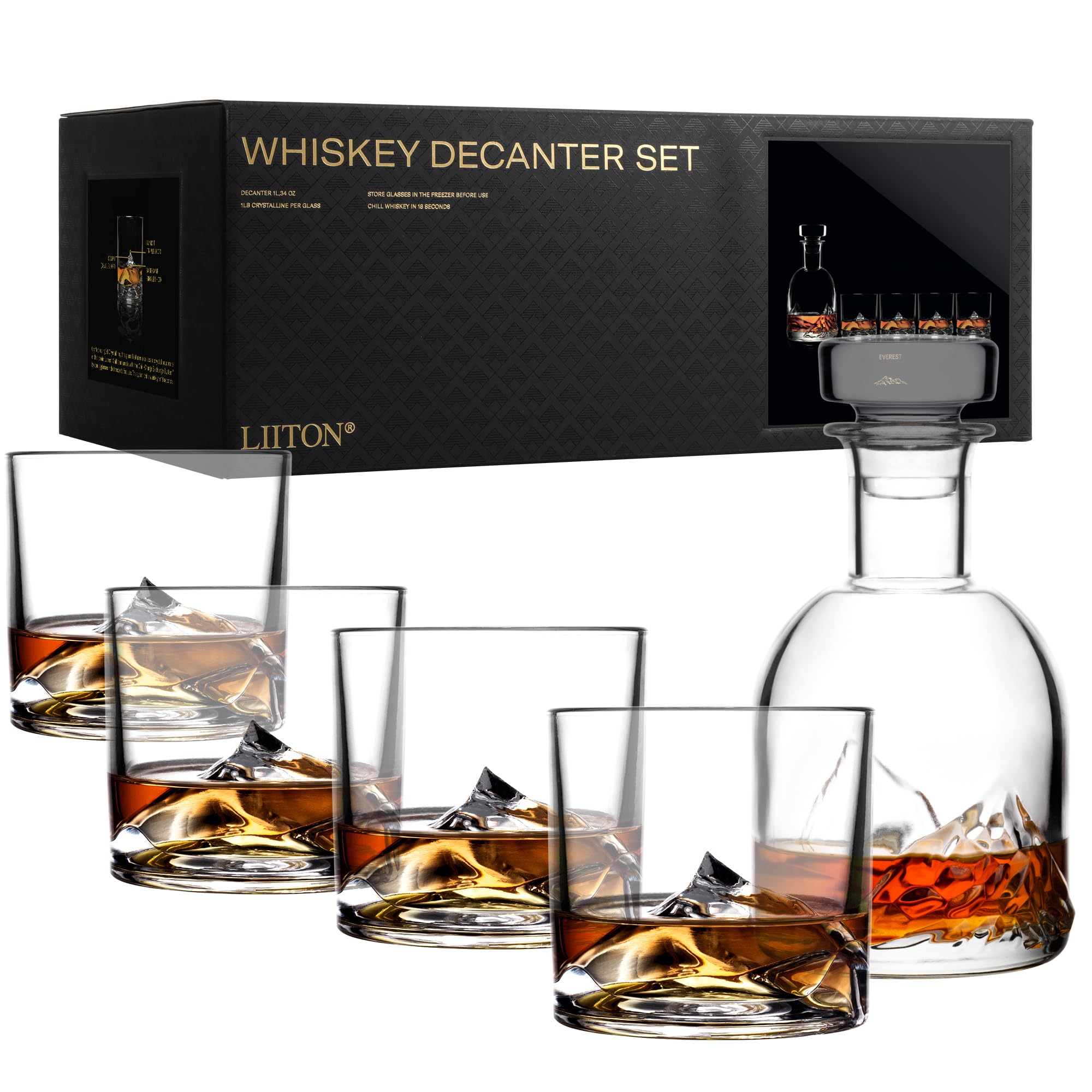 Premium Everest Mountain Crystal Whiskey Decanter Set with 4 Old Fashioned Glasses - 1000ml Luxury Bourbon & Scotch Decanter Gift for Men - Perfect for Home Bars, Weddings & Anniversary Gifts