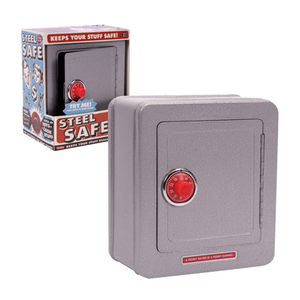 Schylling Steel Safe with Alarm - Kids Silver Metal Safe with Combination Lock - Secure Toy for Ages 5+ - Perfect for Piggy Banks, Secret Treasures & Bedroom Storage