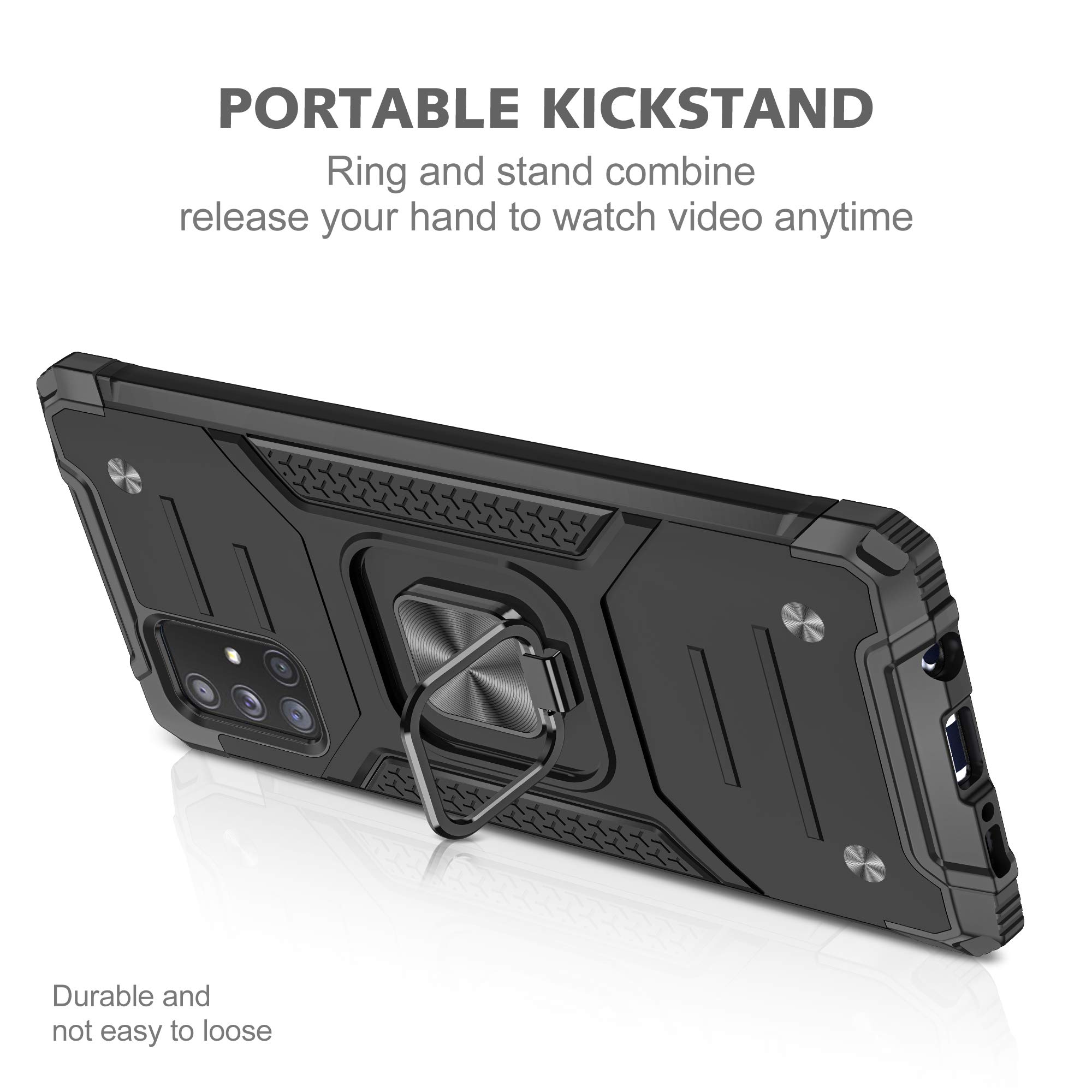 Samsung Galaxy A71 5G Case with Tempered Glass Screen Protector - Military Grade Protective Phone Cover with Magnetic Car Mount & Kickstand (Black) - Perfect for Work, Travel, and Outdoor Activities
