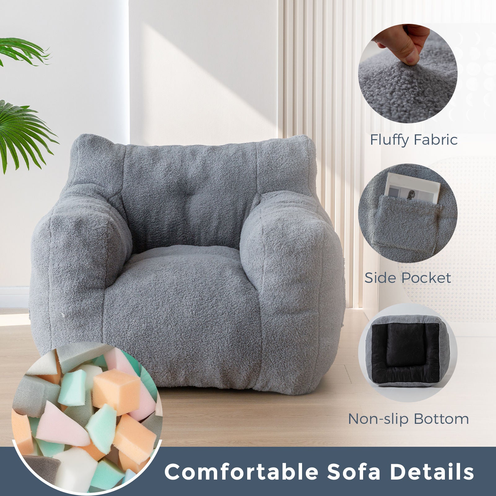 MAXYOYO Sherpa Bean Bag Chair & Couch - Oversized Comfortable Bean Bag Sofa for Adults & Kids, Soft Grey - Perfect for Living Room, Bedroom, Game Room & Dorm Relaxation