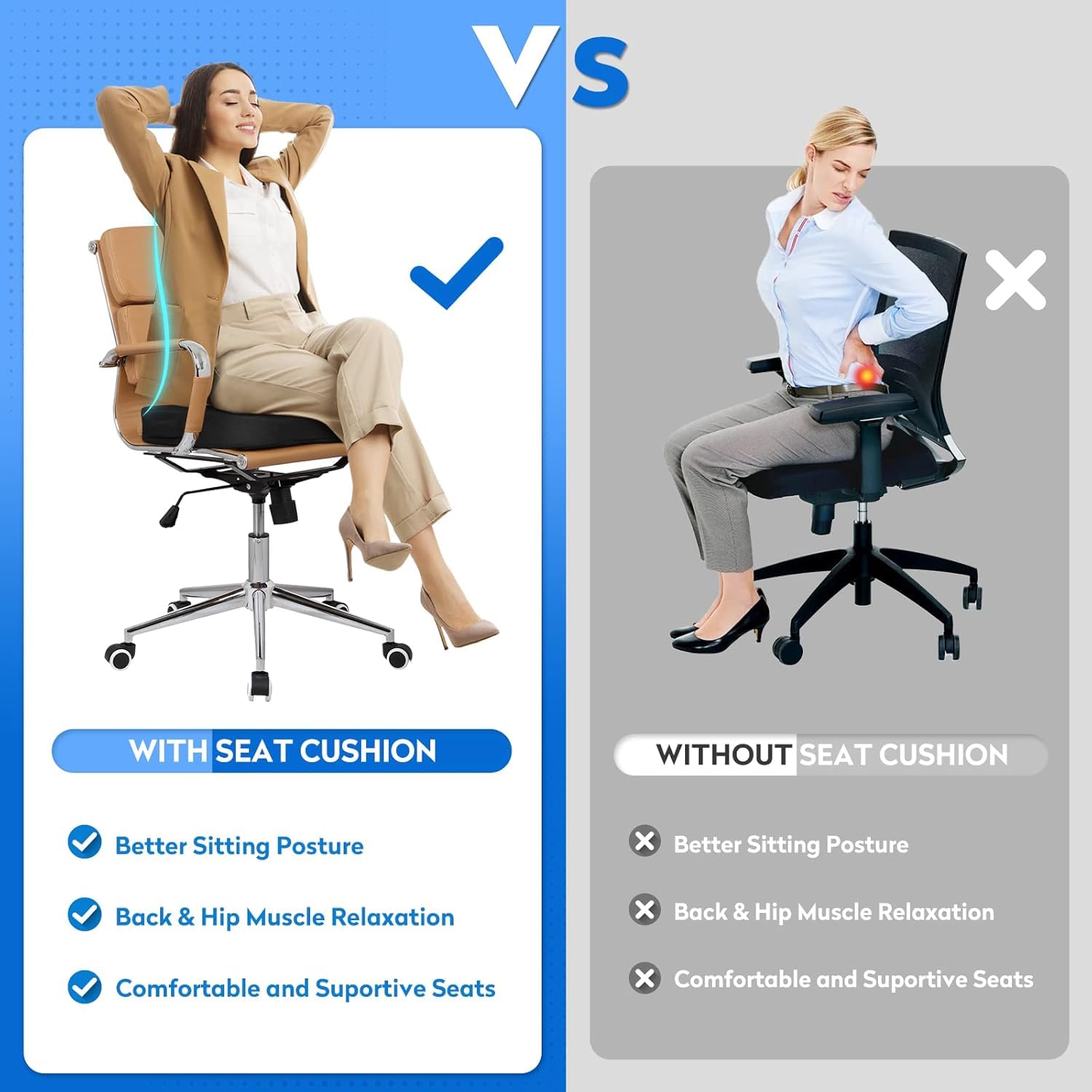 **Extra Large Memory Foam Seat Cushion for Office Chair, Car, Airplane & Wheelchair - Non-Slip Comfort Pad for Desk, Bleachers & Travel - Black (Ideal for Long Sitting, Back Pain Relief & Pressure Relief)**