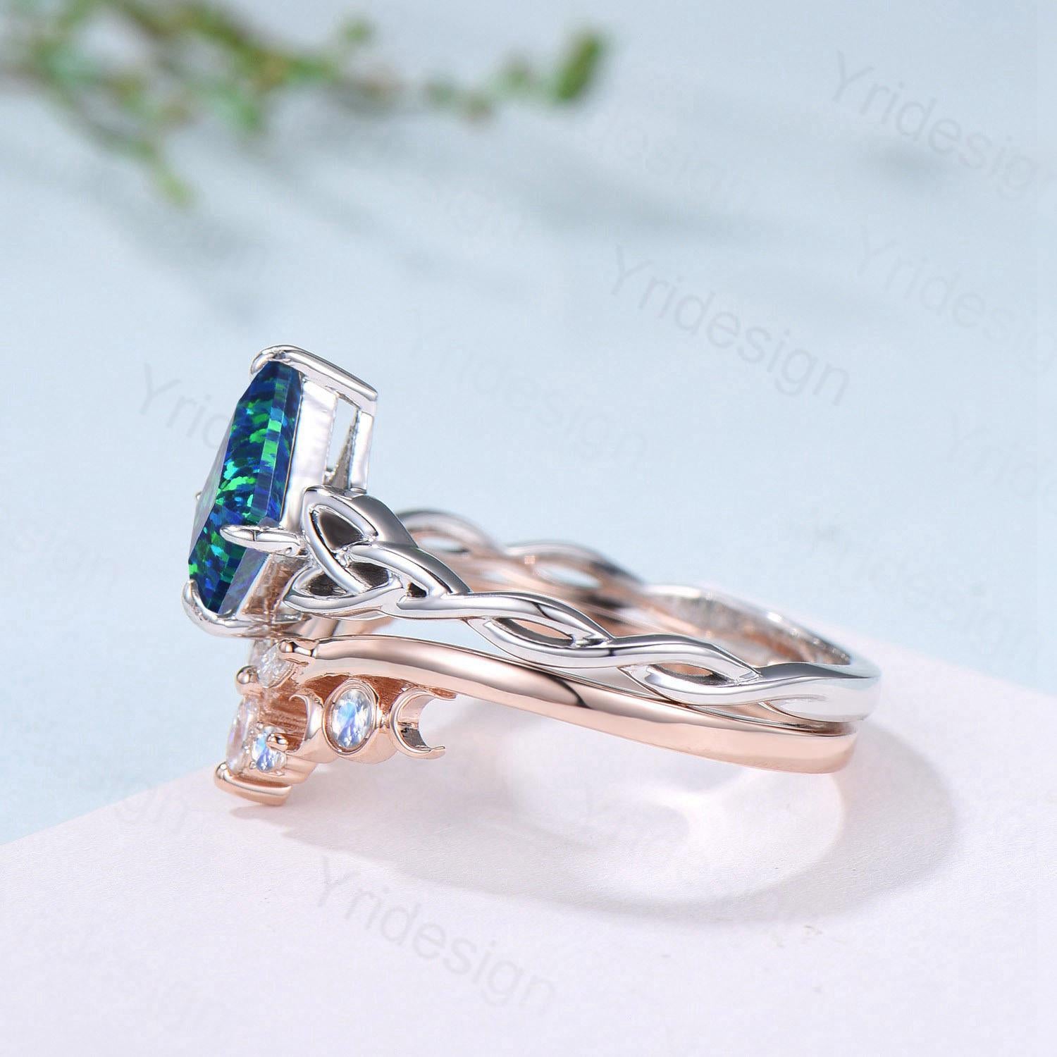 Viking Kite Blue Opal Engagement Ring Set - Unique Celtic Love Knot October Birthstone Promise Ring - Butterfly Moonstone Stacking Band for Women - Perfect for Weddings, Anniversaries & Romantic Gifts
