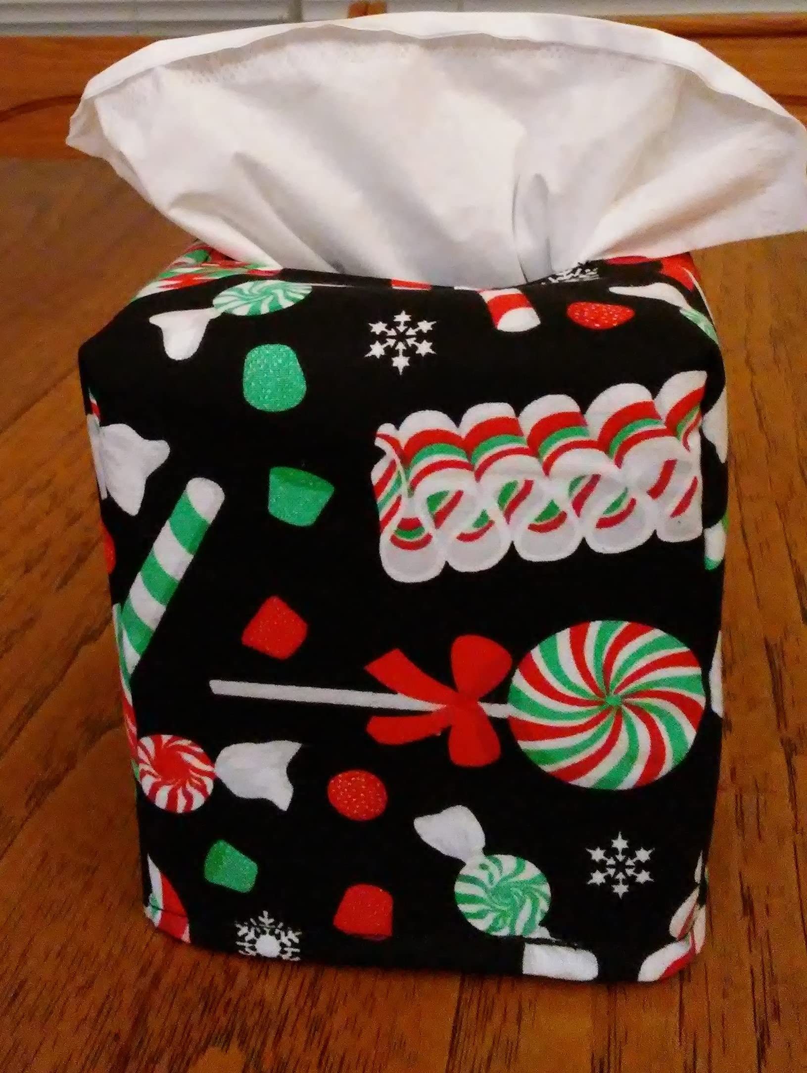 Handmade Square Tissue Box Cover with Christmas Candy Design on Black Fabric - Perfect for Holiday Home Decor, Gift Giving & Seasonal Tabletop Display