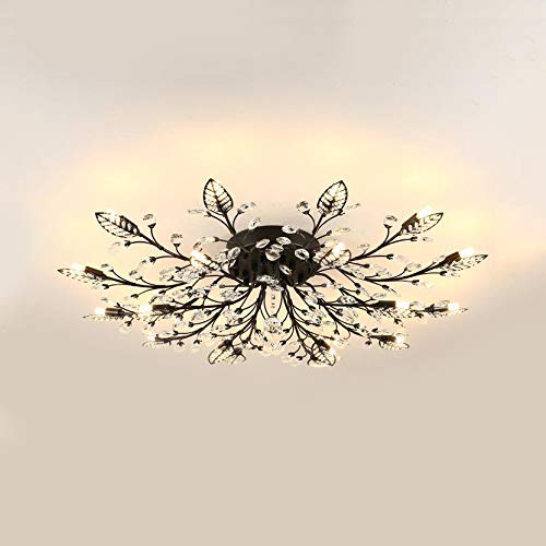 18-Light Black Contemporary Leaf Semi Flush Mount Ceiling Light with Clear Crystal Accents - Perfect for Dining Room, Bedroom, or Living Room Lighting