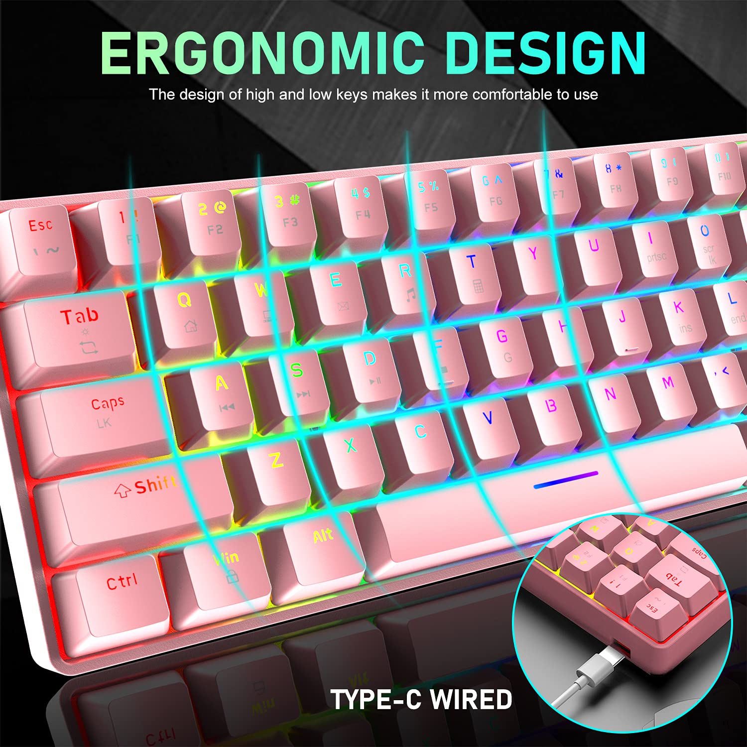 LexonElec 60% Compact Mechanical Gaming Keyboard & Mouse Combo - RGB Backlit 68-Key Wired Keyboard with 18 Lighting Effects, 6400DPI Honeycomb Gaming Mouse, Mouse Bungee & Mouse Pad (Pink/Blue Switch) - Perfect for PC Gaming, Esports & Office Work