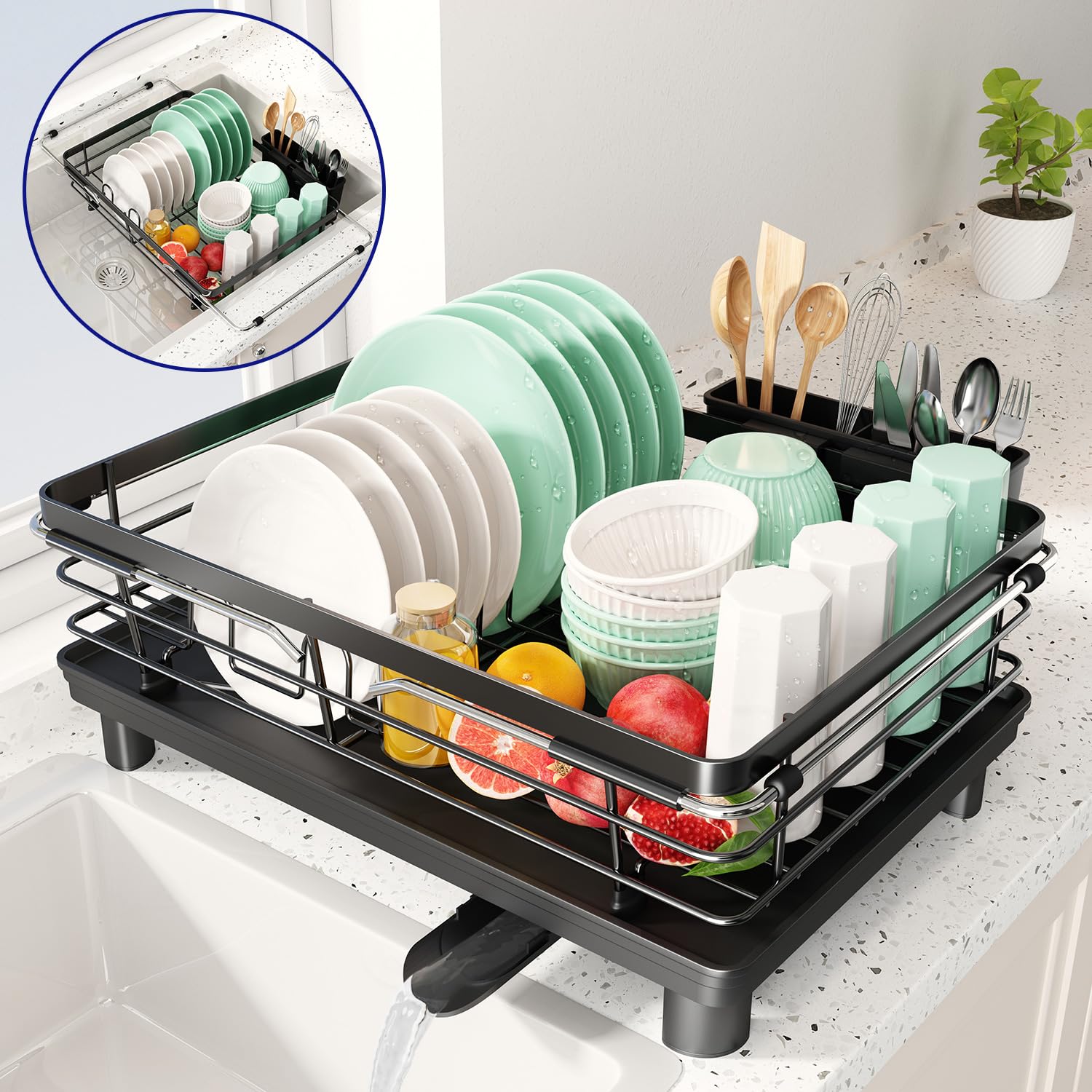 MAJALiS Stainless Steel Dish Drying Rack - Dual Use Kitchen Counter & Sink Organizer with Drain Board & Cutlery Holder (11