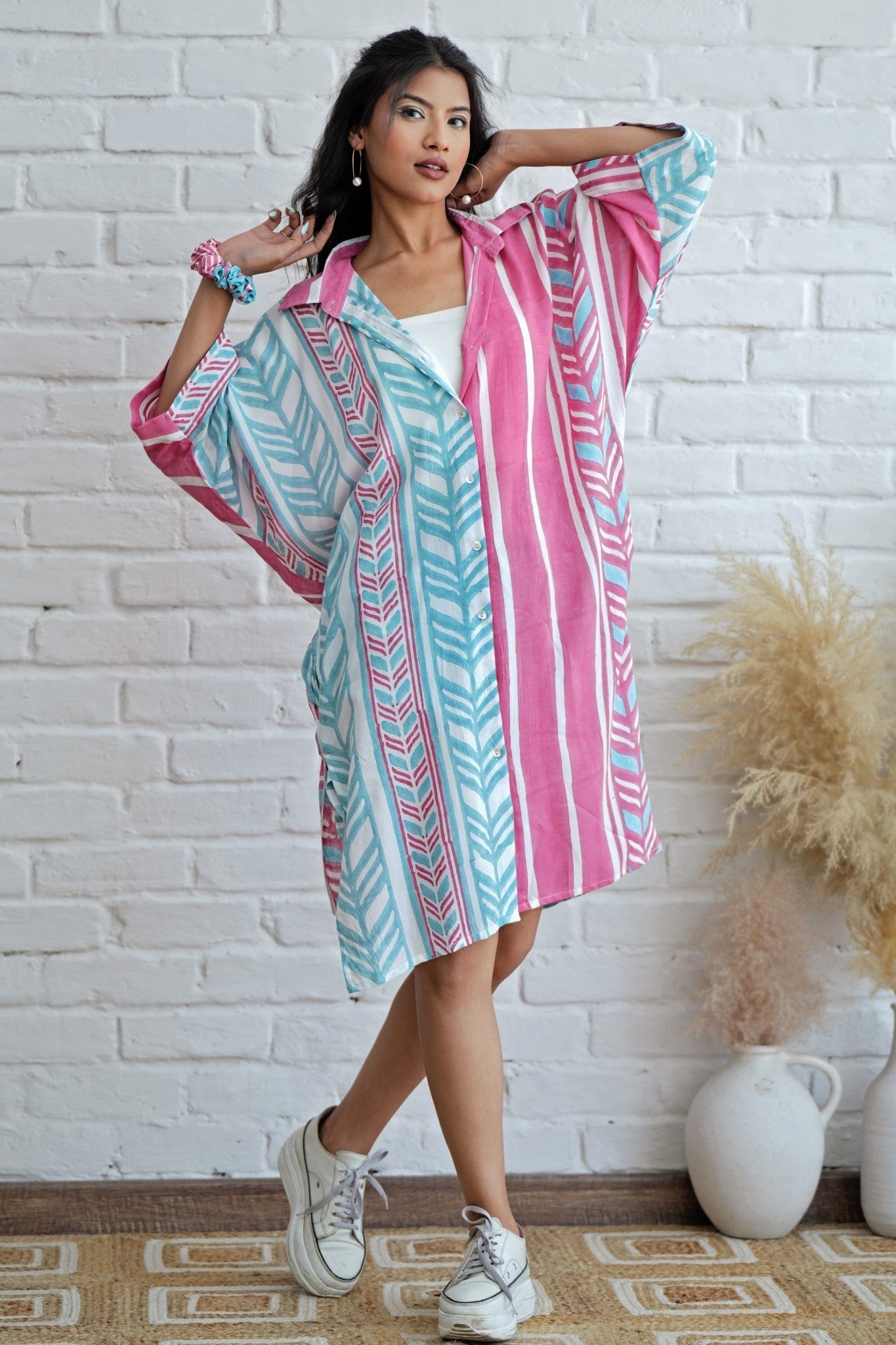 Barbie Pink Hand Block Printed Oversized Shirt - Stylish Boho Chic Top for Women, Fashionable Loose Fit Blouse for Casual Outings, Parties & Summer Vacations
