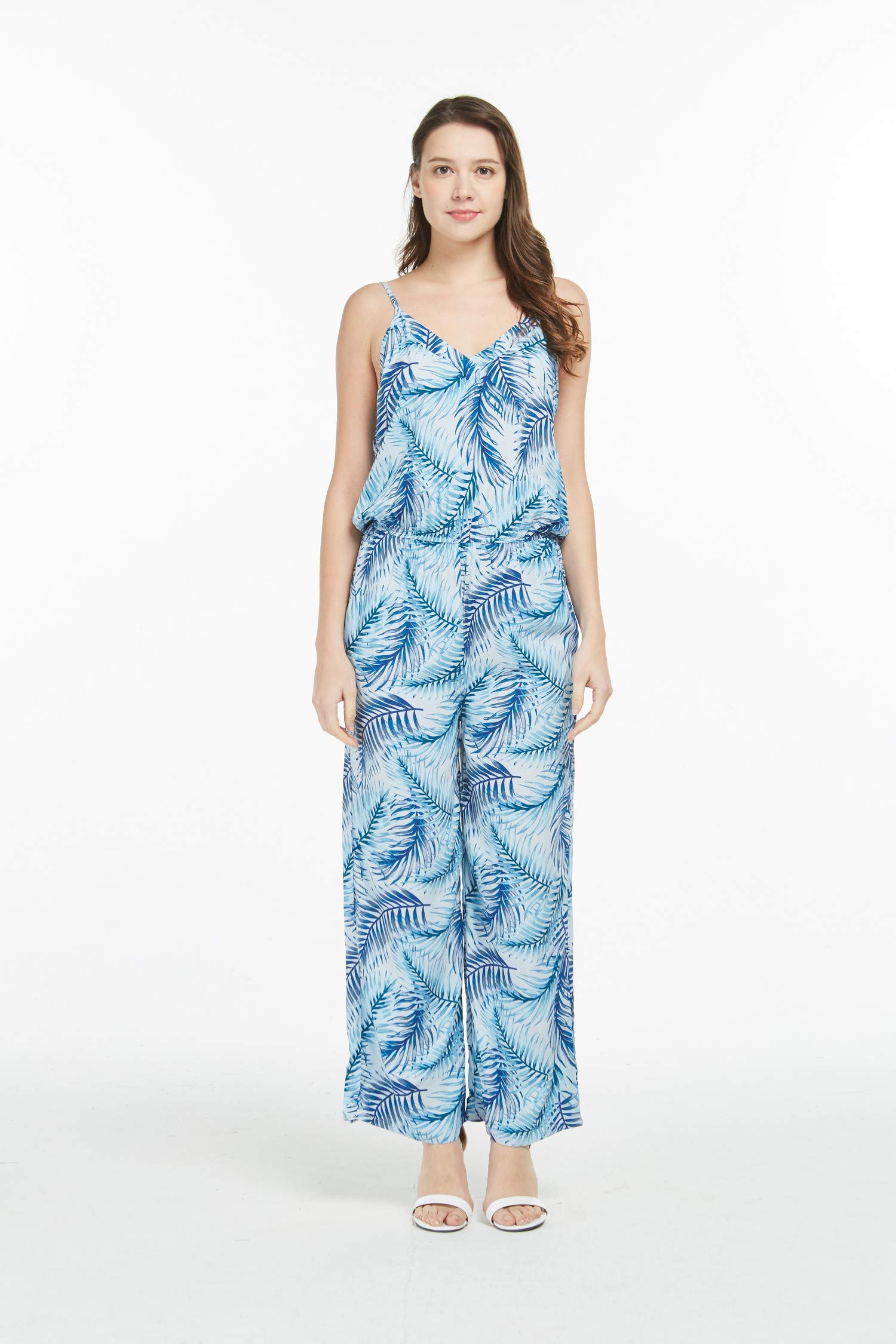 Women's Hawaiian Strap V-Neck Jumpsuit with Pockets - Simply Blue Leaves Print | Beach Cover Up, Summer Vacation Outfit, Tropical Party Dress