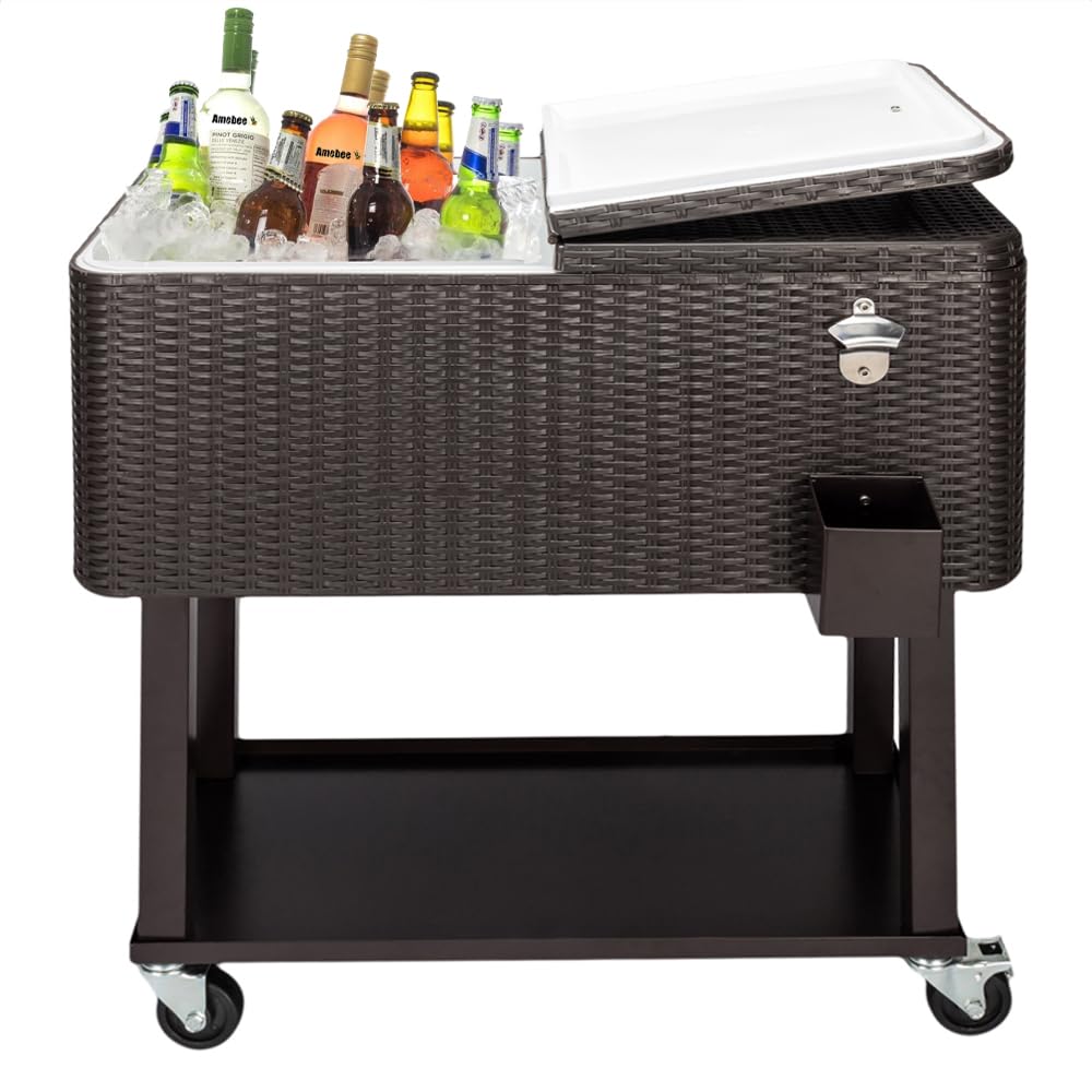 Amebee 80 Quart Portable Rolling Cooler Cart with Wheels, Shelf, Bottle Opener & Drain - Ice Freezer Trolley for Backyard Parties, Tailgating, Camping & Outdoor Beverage Storage | Heavy Duty Patio Drink Cooler