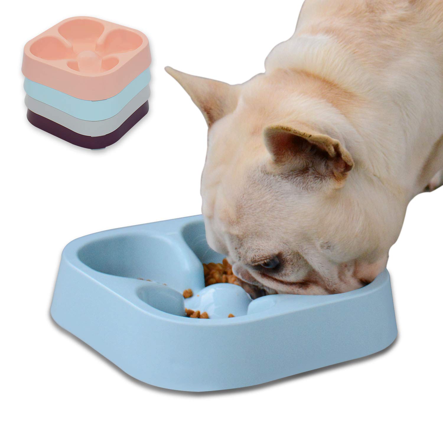 Healthy Slow Feeding Dog Bowl for French Bulldog & Small Dogs - Anti-Choking Pet Food & Water Dish with Four-Leaf Clover Design (Blue) - Perfect for Fast Eaters & Digestive Health - Great for Home, Travel & Vet Visits