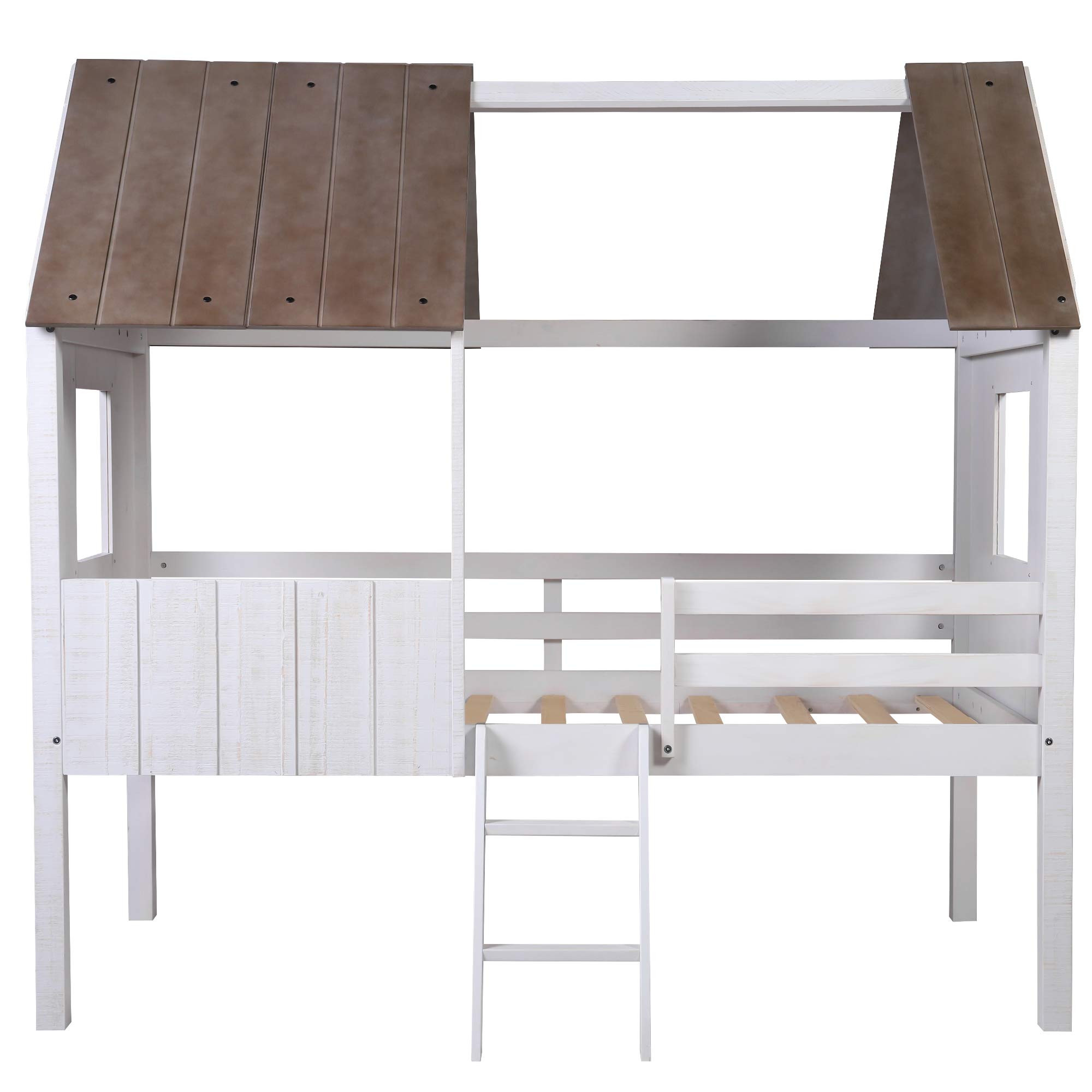 **Twin Size Low Loft Bed for Kids - Wooden House Bed Frame with Side Windows, Roof & Full-Length Safety Rails - Sturdy Ladder Included (Antique White) - Perfect for Small Bedrooms, Playrooms & Sleepovers**